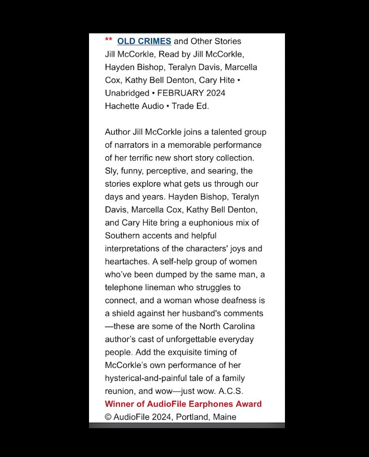 Thank you @audiofilemagazine @hachetteaudio #nathanlincoln & @johnmarshallmedia. Congratulations to the storytellers - @haydenblvd, @simply_cella, @kathybelldenton, & the author @jill.mccorkle. Thanks @yourpalfinlay for directing! #OldCrime #EarphonesAward #narrator #caryhite