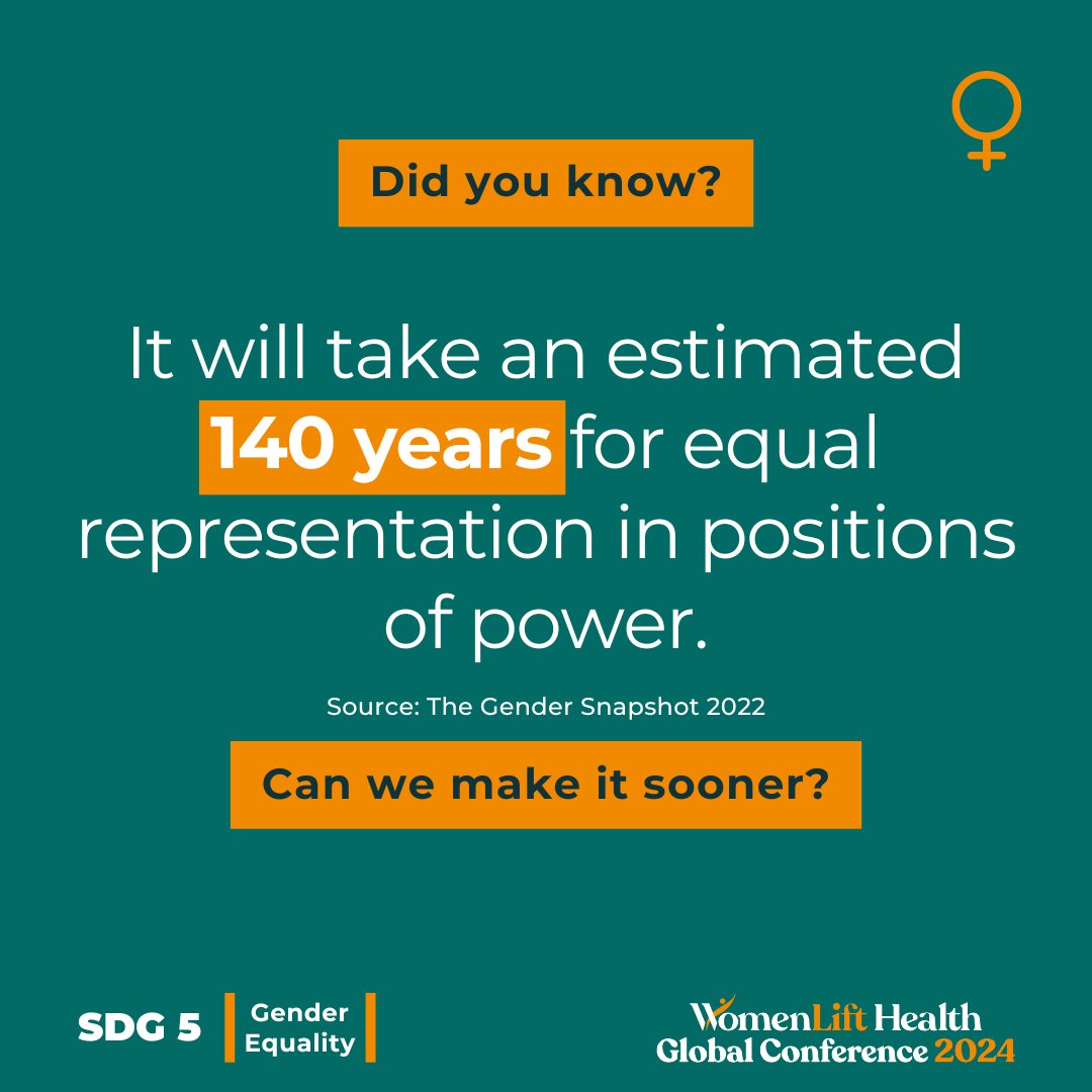 According to @UN_Women, it will take 140 years for equal representation in power.

I invite you to the #WLHG2024, where we will be #ReimaginingLeadership, with a focus on advancing women's leadership in #GlobalHealth.

Join the conversation: wlhgconference.org
