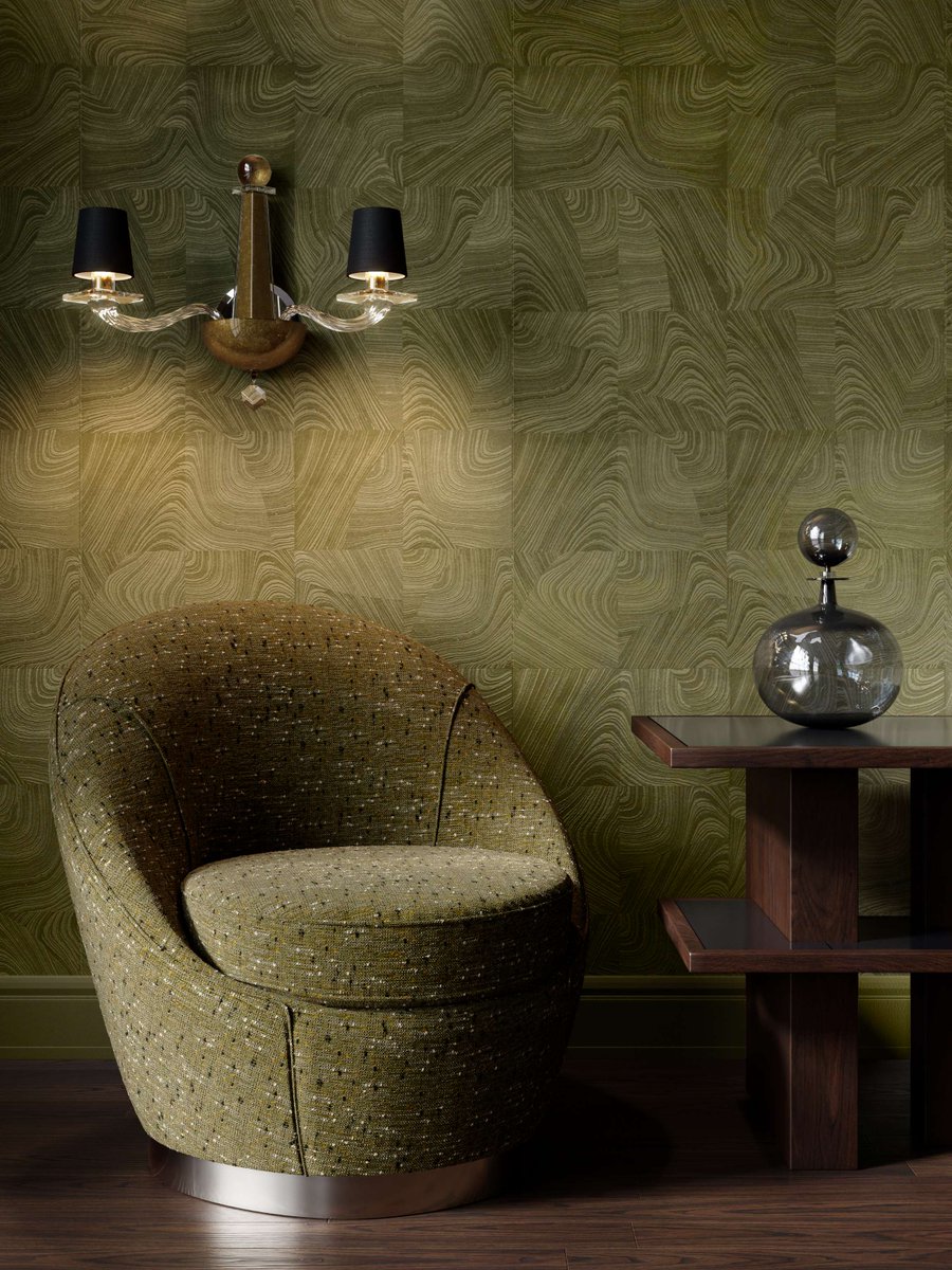 Infused with mica-like strands for subtle sheen, Blockbuster Wallcovering is designed to suggest inlaid stonework, stylized for a softened effect. What seems straight-forward gains depth and allure as wavy striations infuse rhythm and intrigue. #DonghiaDesigns