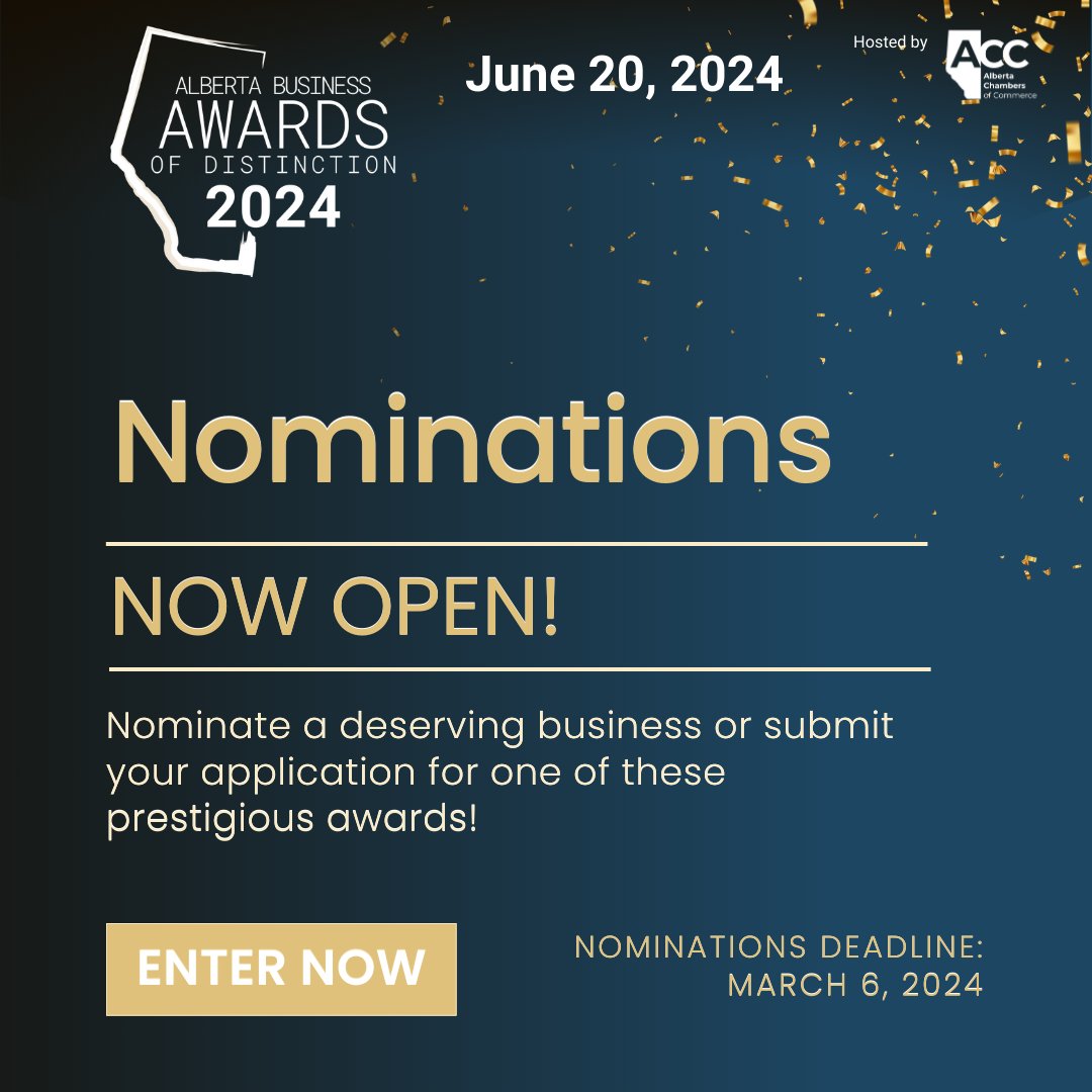 Hurry, the countdown is on! 🚨Only six days left to nominate a deserving business for the Alberta Business Awards of Distinction. Know a business making an impact? Or is it yours? Act now, nominations close March 6! abbusinessawards.awardify.io/nominations #abbiz #awards #abchambers #abad2024