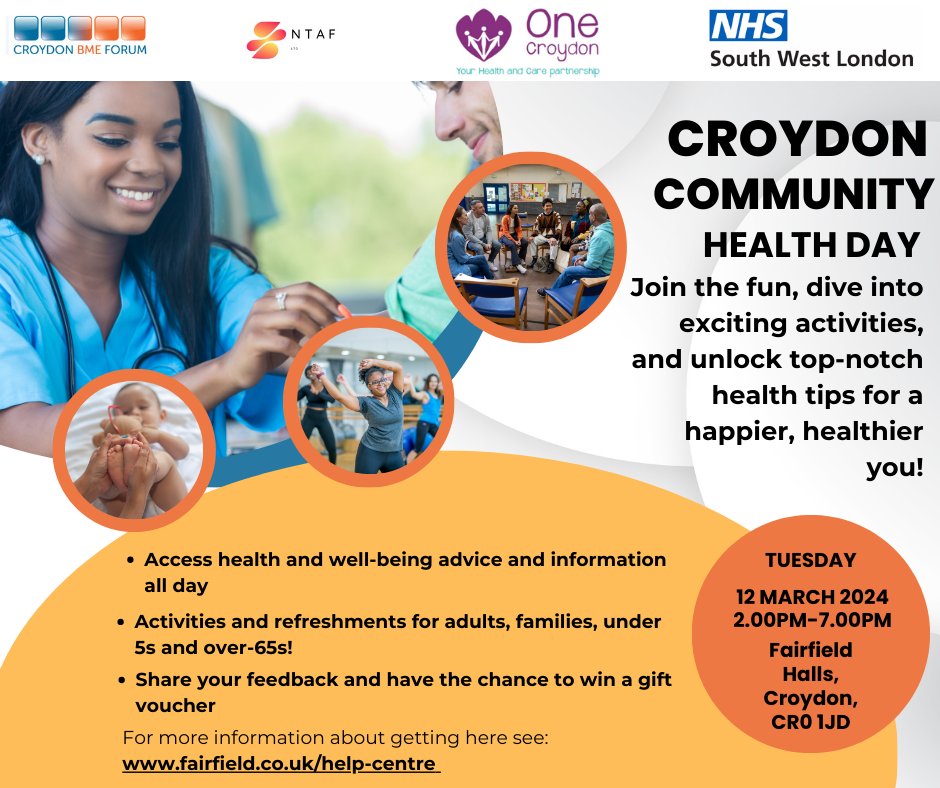 Croydon Community Health Day Date: March 12, 2024 Time: 14:00 19:00 Location:Fairfield Halls, Park Lane, Croydon Join us at the Community Health Day in Croydon to access resources, learn about preventive health measures, and take steps towards a healthier lifestyle.