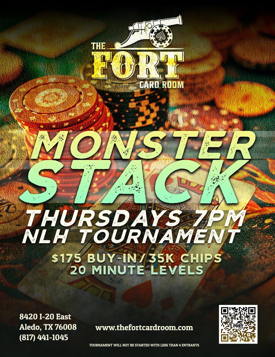thefortcardroom's tweet image. 🌆 It's almost time for the Monster Stack #NoLimitHoldem at 7PM! With a $175 buy-in and a massive stack to play with, tonight is all about strategy and endurance. Join us for an evening of high-stakes and high thrills. #MonsterStack #PokerNight 🎉🃏🤠