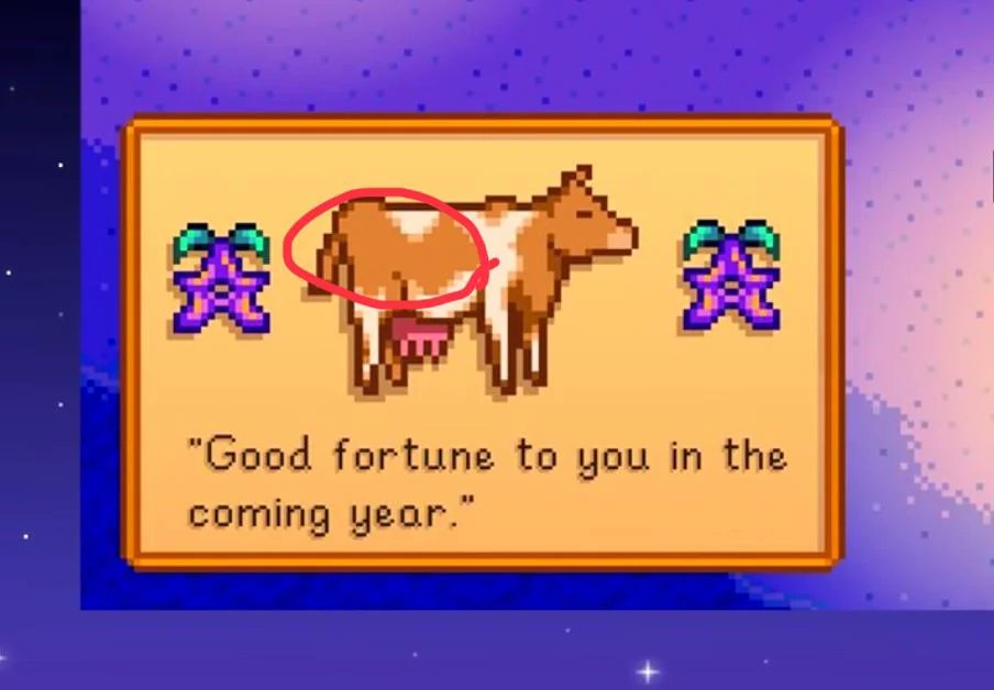 I think I know why we were suppose to pay attention to the cow! [1.6] posted by u/AverageStardewer. Post url: shorturl.at/DQV46 #StardewValley #Stardew