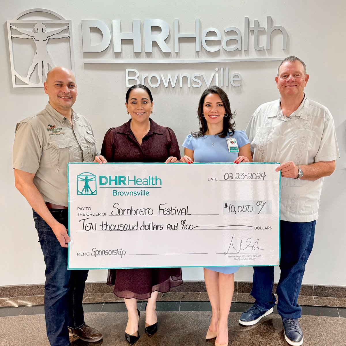 See you at Sombrero Fest! DHR Health Brownsville hospital leadership presented the Sombrero Festival board members with a sponsorship check for this year's festivities. #DHRHealth #DHRHealthBrownsville #Brownsville #BrownsvilleTx #Hospital #RGV #SombreroFestival #CameronCounty