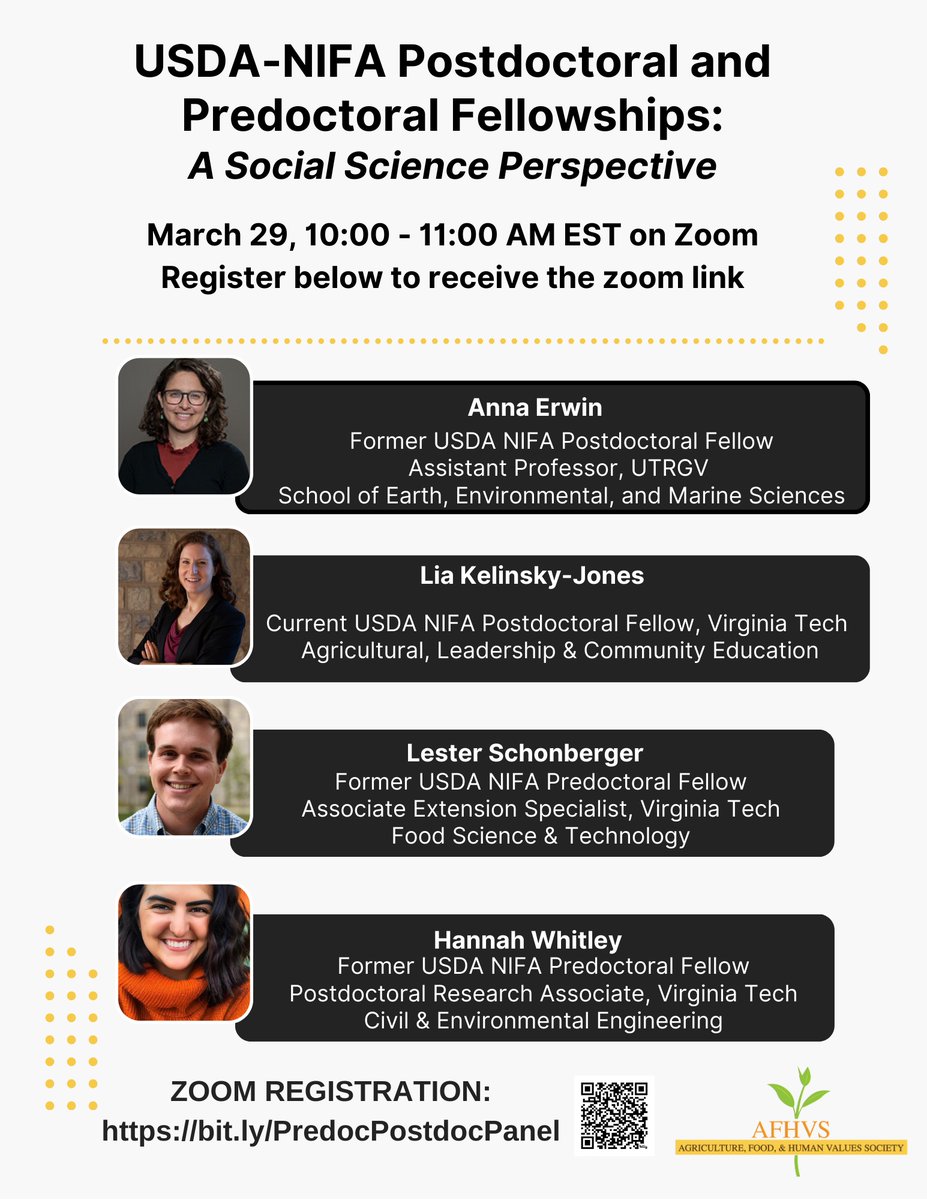 AFHVS GSECC is hosting a panel discussion on: USDA-NIFA Postdoctoral and Predoctoral Fellowships: A Social Science Perspective on March 29, 10:00 - 11:00 AM EST on Zoom