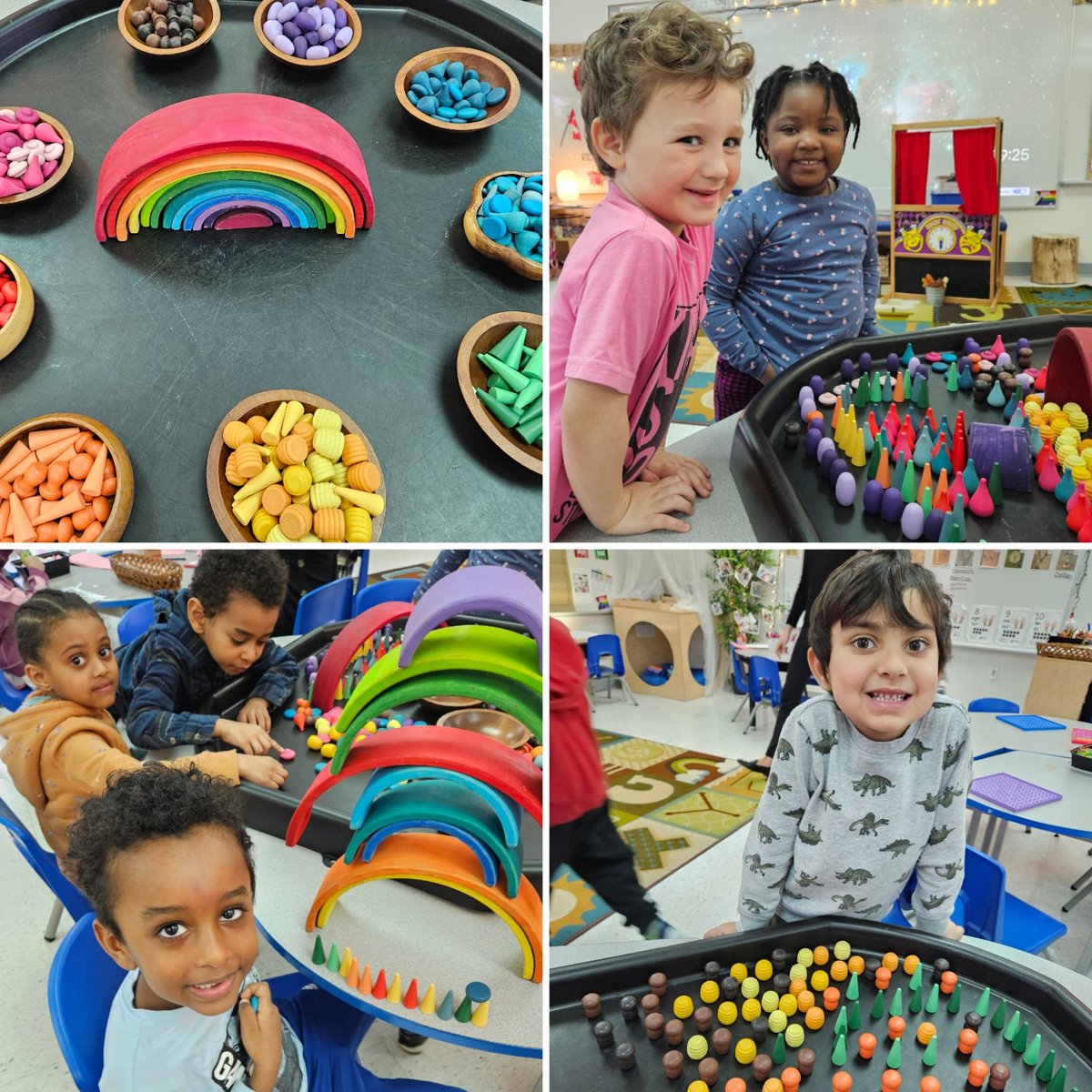 Students are enjoying small world play at our new 'arc-en-ciel' 🌈 looseparts centre! @StRitaOCSB #LearningThroughPlay #LooseParts #SmallWorldPlay