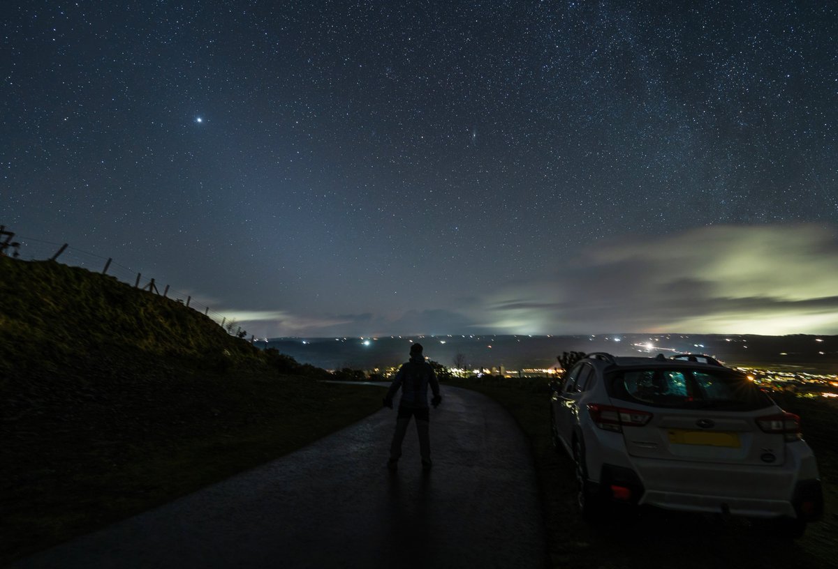 2024's first view of the Zodiacal Light spotted in the Cambrian Mountains of Wales. Created after dark when the sunlight reflects off tiny particles of comet dust in the solar system Left: Pointing to Jupiter Middle: The Andromeda galaxy(M31) Right: The Milky Way #StDavidsDay