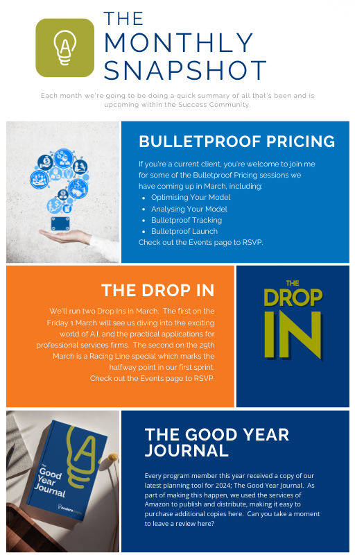 🌟 The Monthly Snapshot for March is here! 📆

Check out what's been happening and what's coming up in the Success Community below 👇👇👇

Don't miss out on the latest Events: success.audere.com.au/events 🎉 

#practicesuccesscommunity #auderecoachingandconsulting #stewbell