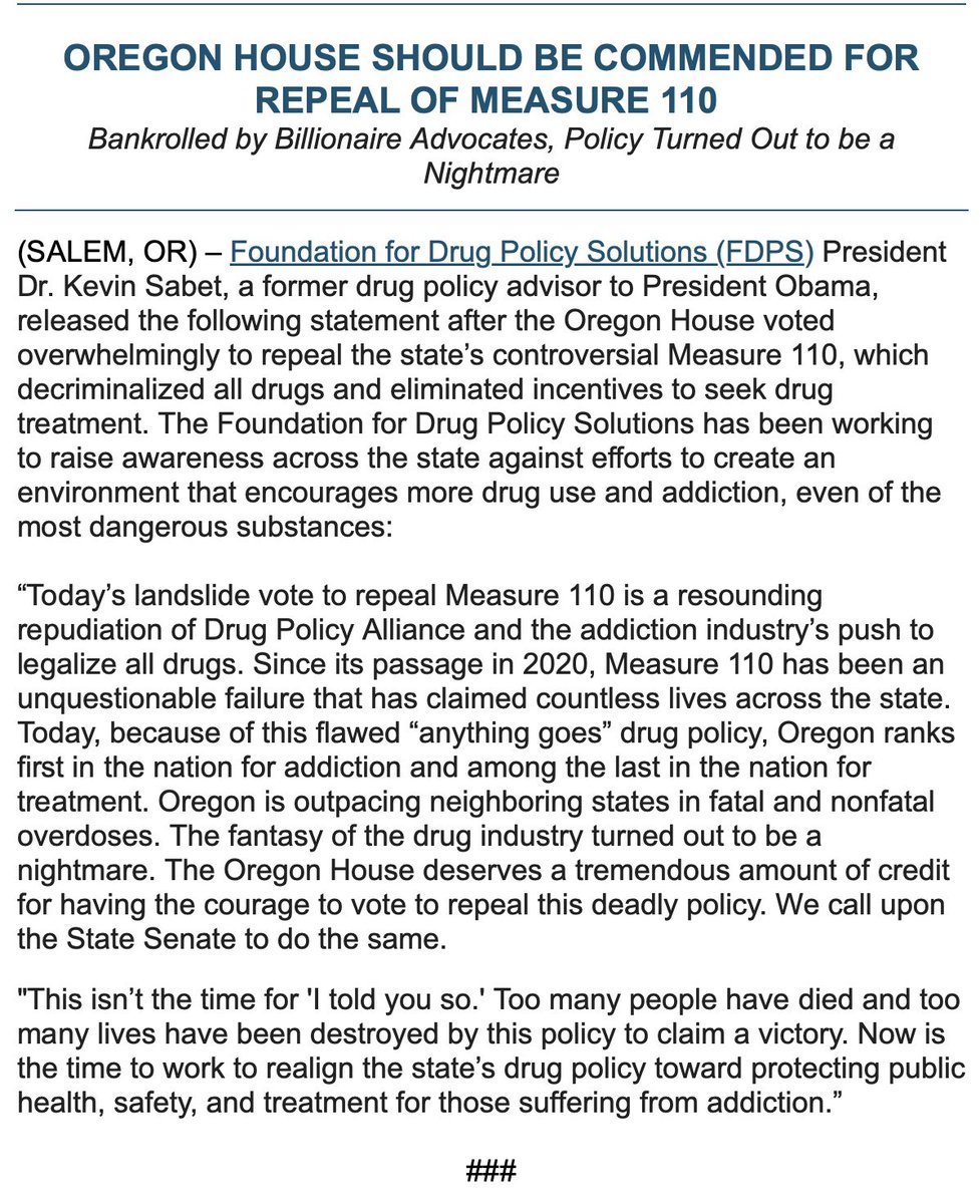 Just now the Oregon house voted to repeal #Measure110.

@KevinSabet’s statement: 

gooddrugpolicy.org/2024/02/oregon…