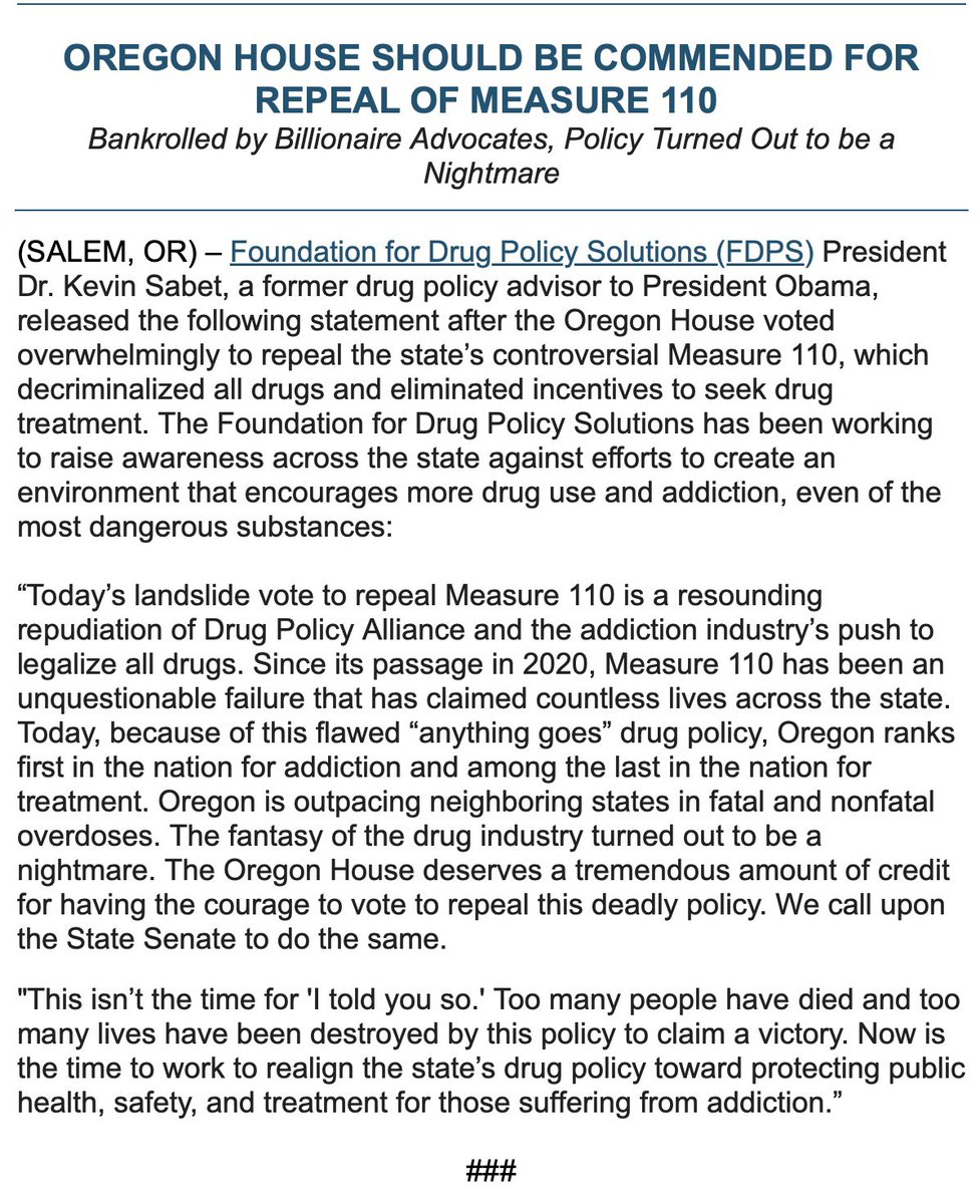 Foundation for Drug Policy Solutions (@gooddrugpolicy) on Twitter photo Just now the Oregon house voted to repeal #Measure110.
<a href="/KevinSabet/">Kevin Sabet</a>’s statement:
gooddrugpolicy.org/2024/02/oregon… Just now the Oregon house voted to repeal #Measure110.
<a href="/KevinSabet/">Kevin Sabet</a>’s statement:
gooddrugpolicy.org/2024/02/oregon…