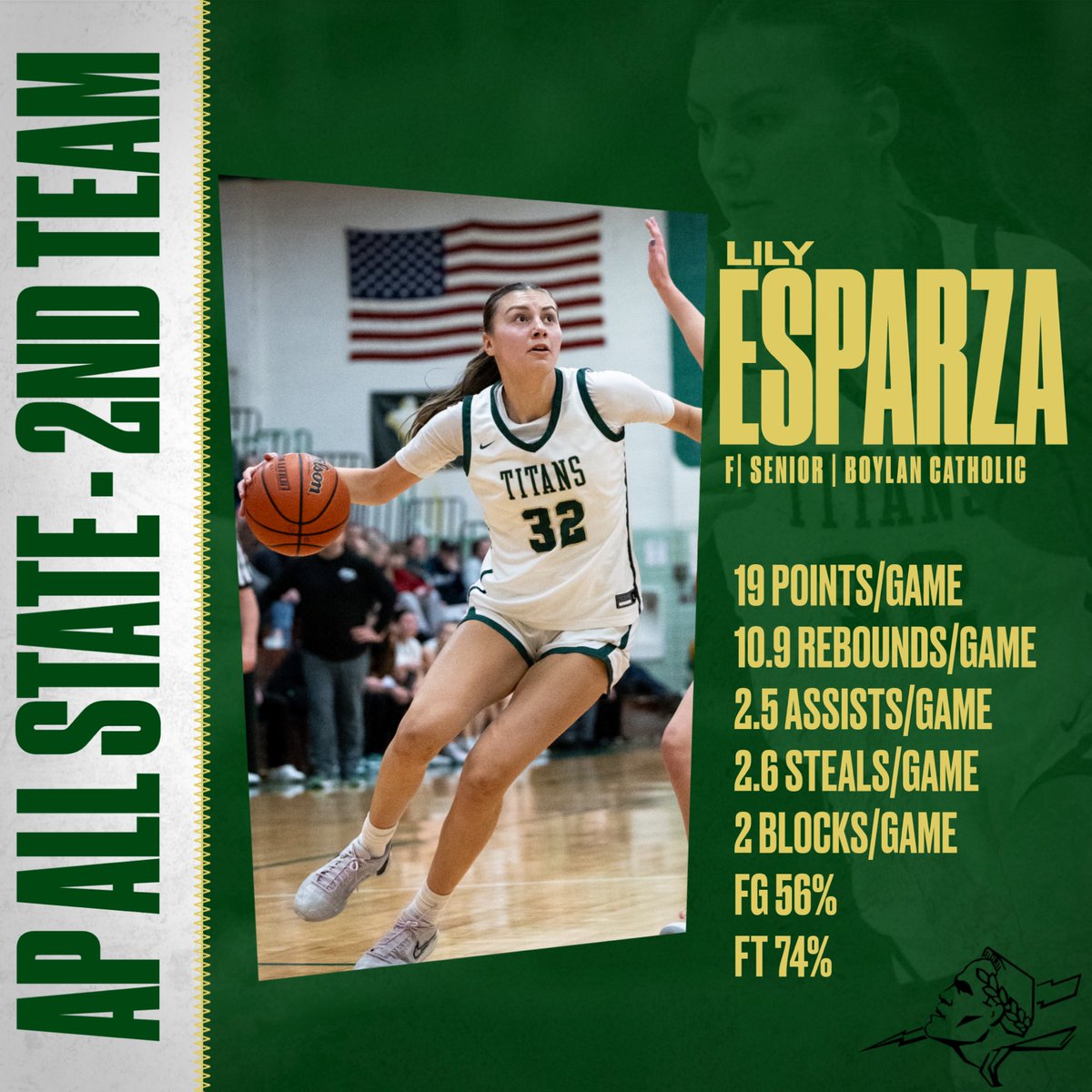 Congratulations to Lily Esparza for being named to the Illinois Associated Press 3A All State 2nd Team! 🏀💚⚡️