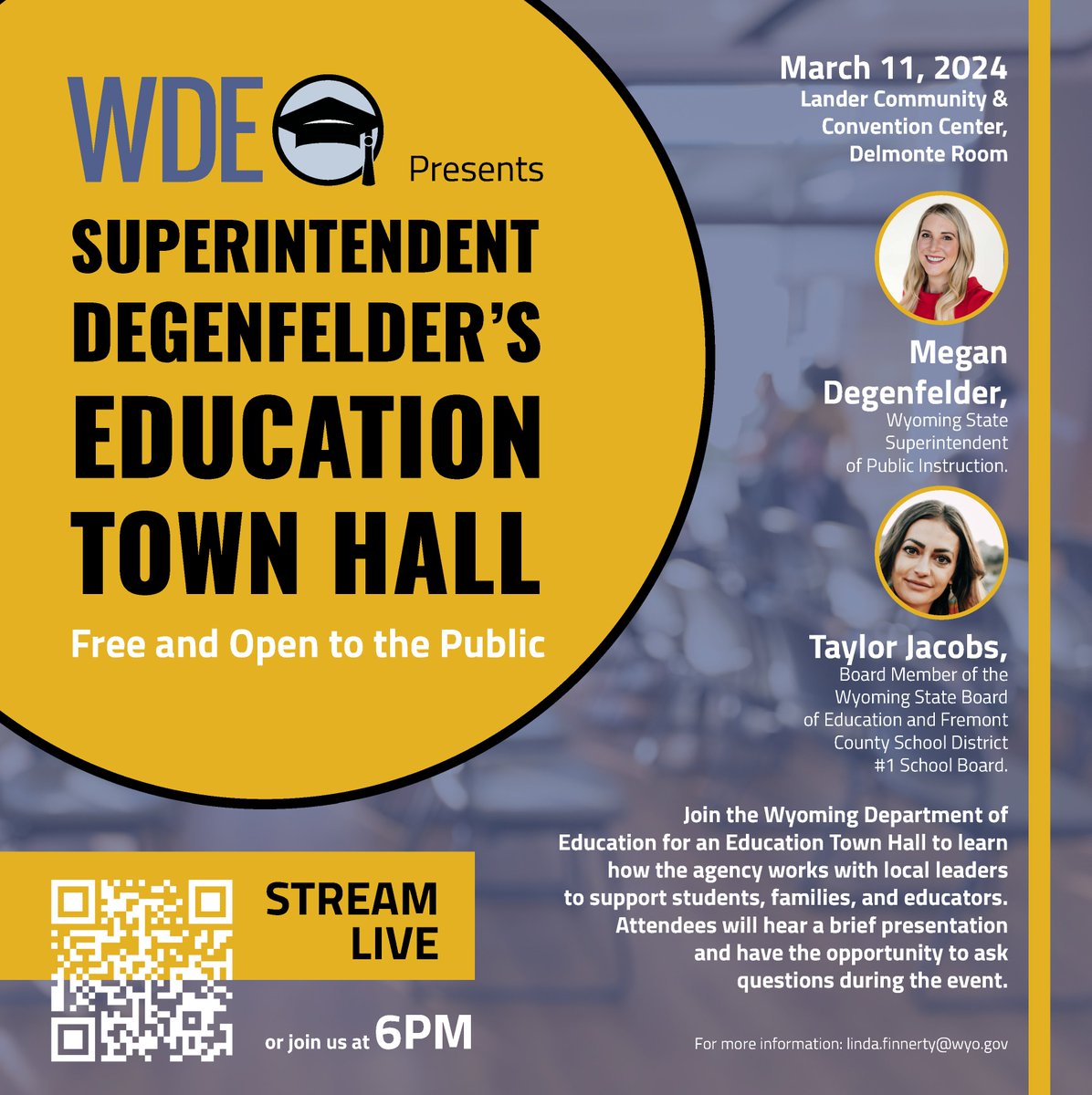 WYOEducation's tweet photo. 6 pm today, #WyDeptEd is hosting an Education Town Hall at the Lander Community &amp; Convention Center or via livestream: https://t.co/Efb13rQ064 to share education updates and hear from the community.
#WyoEdChat #WyomingEducaction #Wyoming #LanderWy https://t.co/U5OrqnoUGR