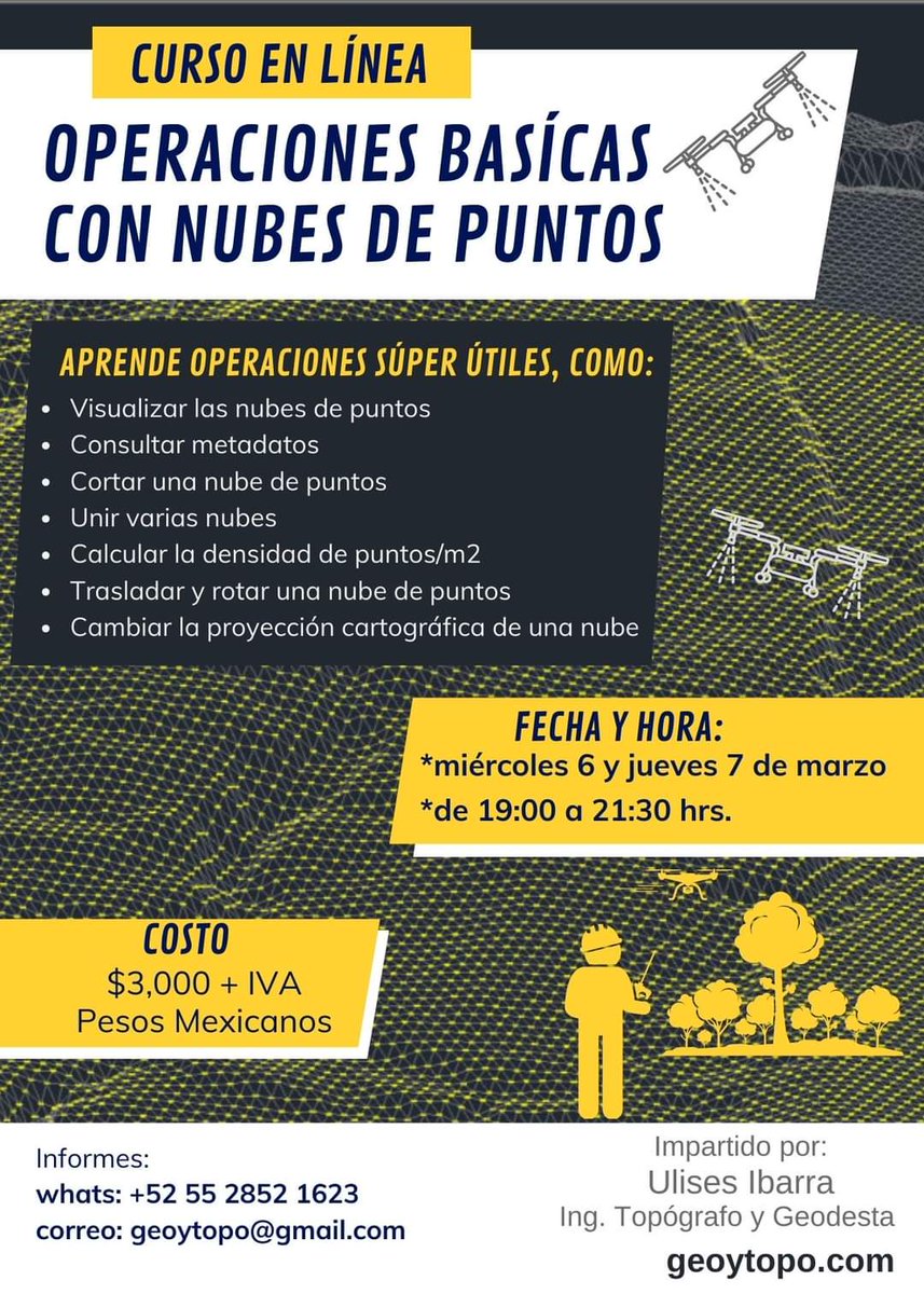 #topografo #Geomatico #Geografo.
Curso Operaciones Básicas con Nubes de Puntos, próximo miércoles 6 y jueves 7 de marzo de 19:00 a 21:30 hrs Mexico central.
Anótate, envíame what´s al número de la publicidad. #pointcluod #surveyor #lidar #photogrammetry #lastools #cloudcompare