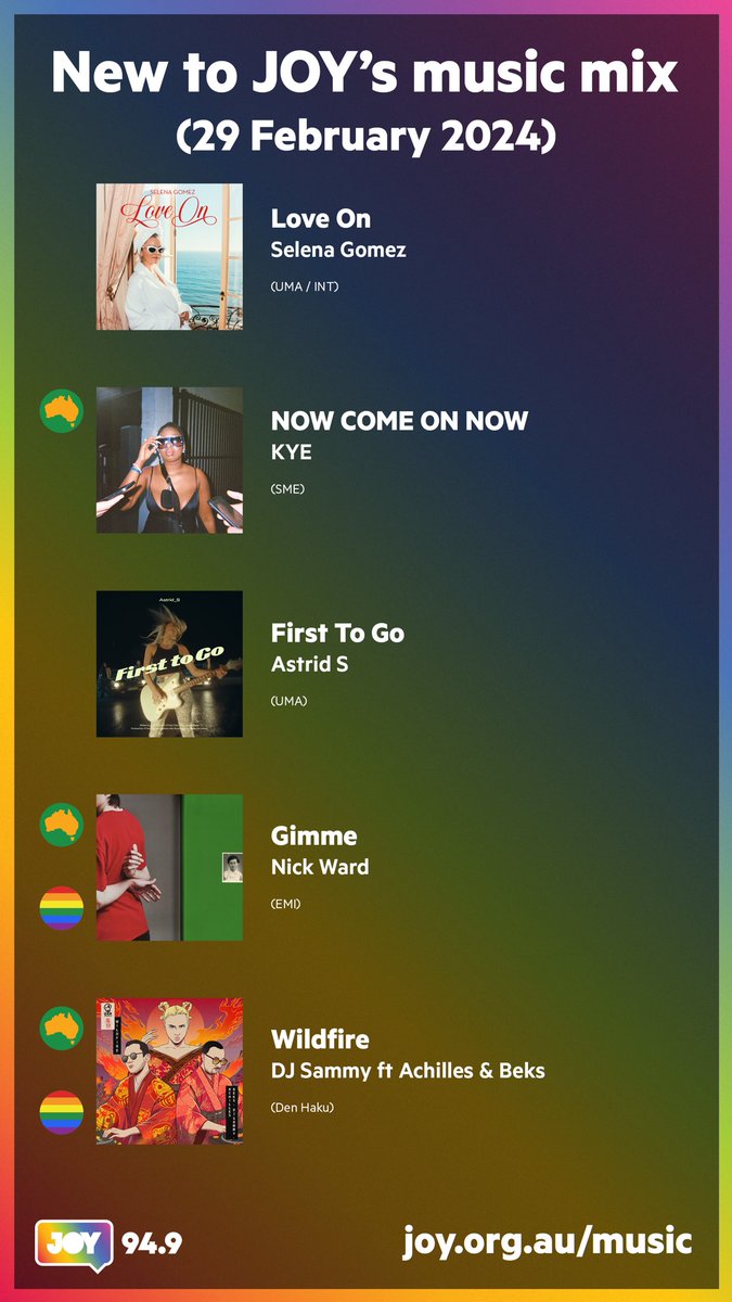 Want bangers? You’ve got them with this #NewMusic to @JOY949! 🥐 @selenagomez 🌈 @getitkye 🇦🇺 🥇 @astridsofficial 💬 @nickwarddd 🇦🇺🏳️‍🌈 🔥 @djsammy ft @ACHILLESmusicOZ & @Hi_Im_Beks 🇦🇺🏳️‍🌈 Read, follow, listen: linktr.ee/JOY949music