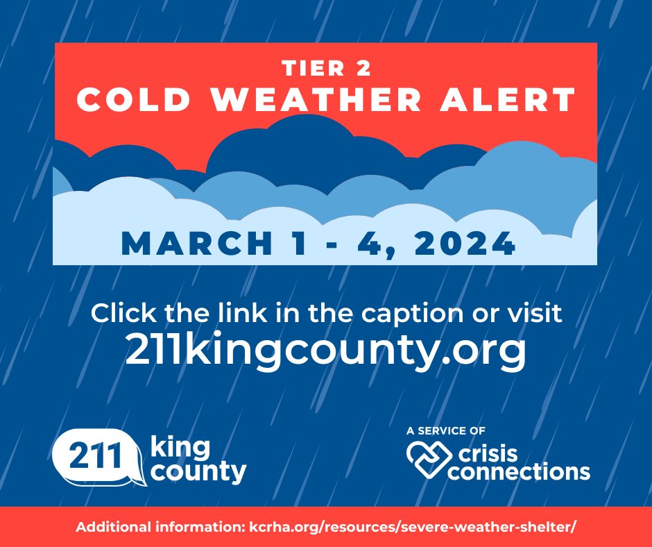 KCRHA has issued a cold weather response for March 1-4, 2024

Click below for the shelter list
crisisconnections.org/king-county-2-…