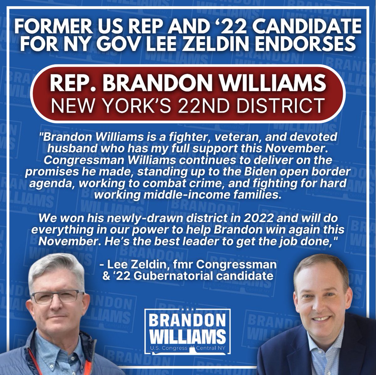 🚨 ALERT: A champion for NY, my good friend @LeeZeldin is on #TeamWilliams, are you?

Join the fight to HOLD #NY22:
LetsVoteBrandon.com 🇺🇸