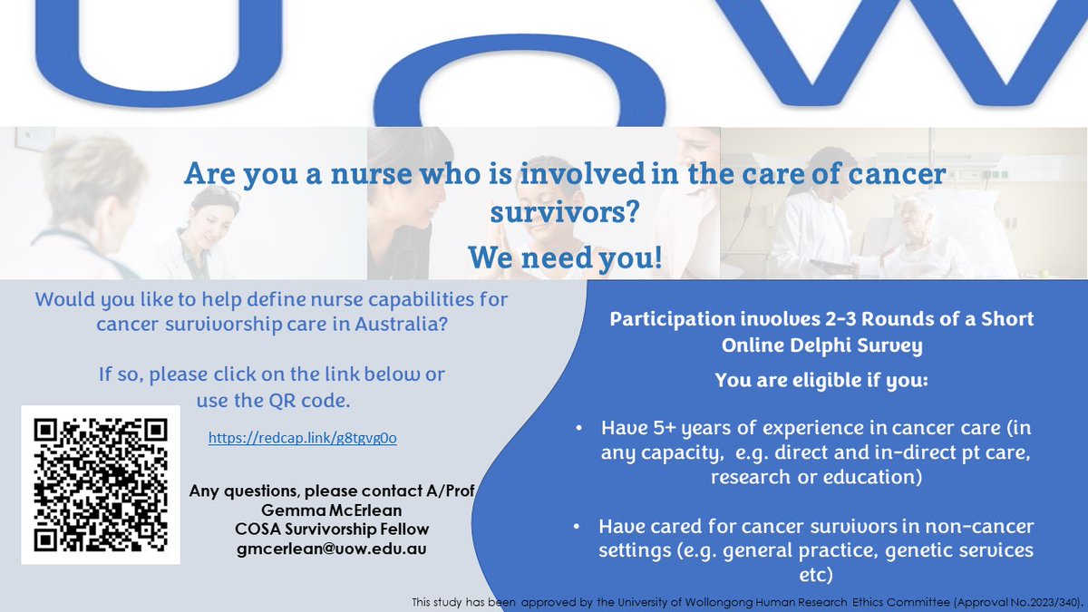 Hello! Are you a nurse who cares for people who've experienced/survived cancer? Please consider completing this survey. Round 1 will be open for 1 more week. All welcome, however it would be great to hear from more nurses who work in ACT, WA, NT &amp; Tas. redcap.link/g8tgvg0o