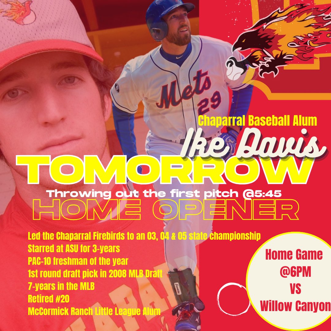 Home opener tomorrow night! Come out and watch Chaparral Baseball alum Ike Davis throw out the first pitch at 5:45! @asu_Baseball @MRLLBaseballAZ
