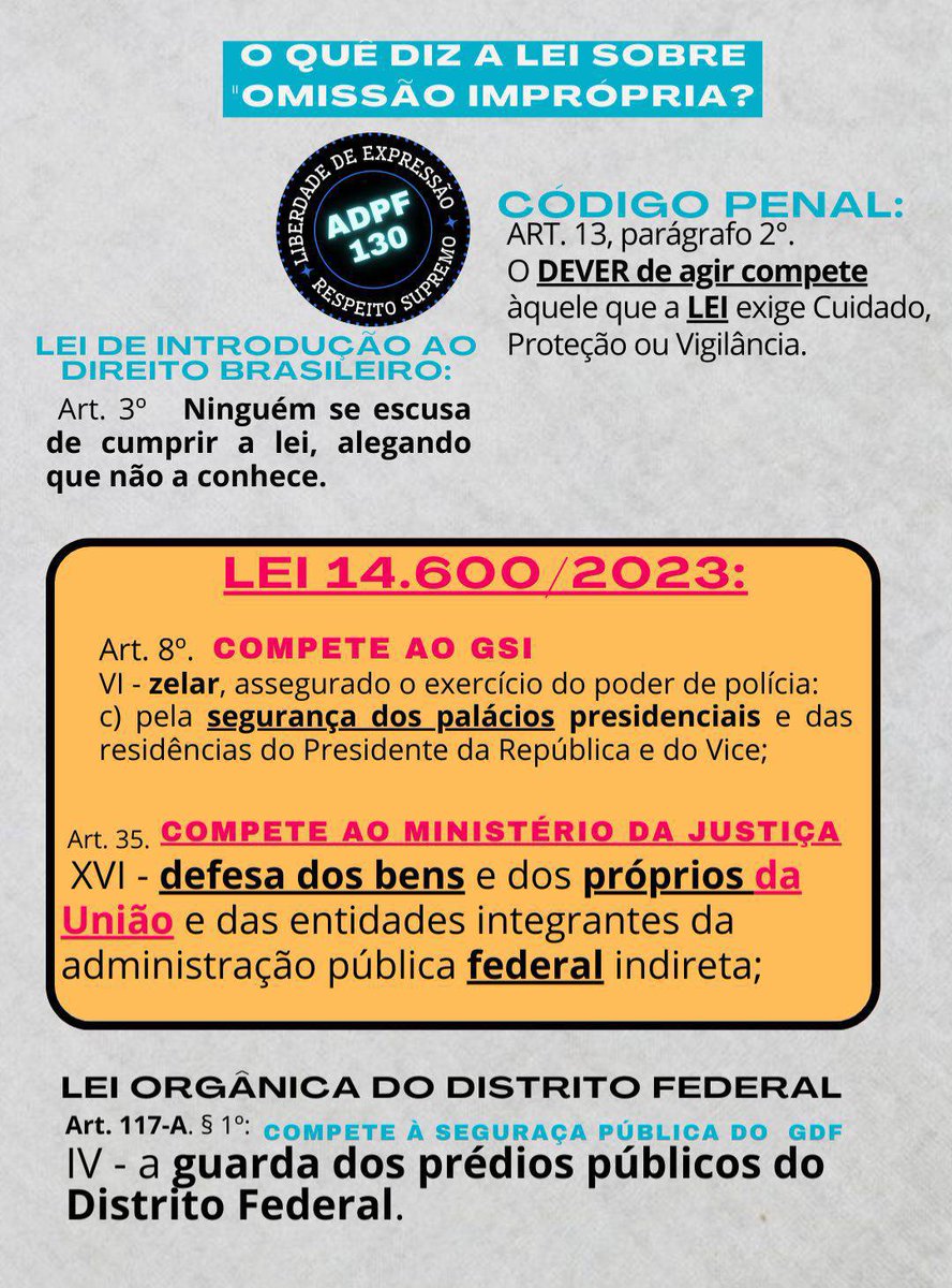 cristinagraeml's tweet photo. Detalhe sórdido do voto de FLÁVIO DINO pela condenação de 15 réus do 8 de janeiro. O agora ministro julgador do STF é a mesma pessoa que, em 8/01/2023, ocupava o cargo de ministro da Justiça e Segurança Pública e TINHA, POR LEI, A OBRIGAÇÃO DE PROTEGER OS PRÉDIOS PÚBLICO E  PROTEGEU. O nome do crime é omissão imprópria.

A Lei 14.600/2023 diz exatamente de quem era o Dever de Guarda dos Bens da União. Está bem definido pela Lei e pelo ordenamento de quem era a responsabilidade em caso de omissão.

Na omissão imprópria o agente tem o dever de agir e, caso não o faça, responde como se tivesse participado do ato criminoso. 

Ex.: Quando o salva-vidas vê uma pessoa se afogando e não age, ele responde por homicídio e não, por omissão de socorro. Isso ocorre pelo dever de agir (garantidor).

E aí, senador @rodrigopacheco ? vai continuar fingindo que não vê os ministros do STF cometendo ilegalidades?