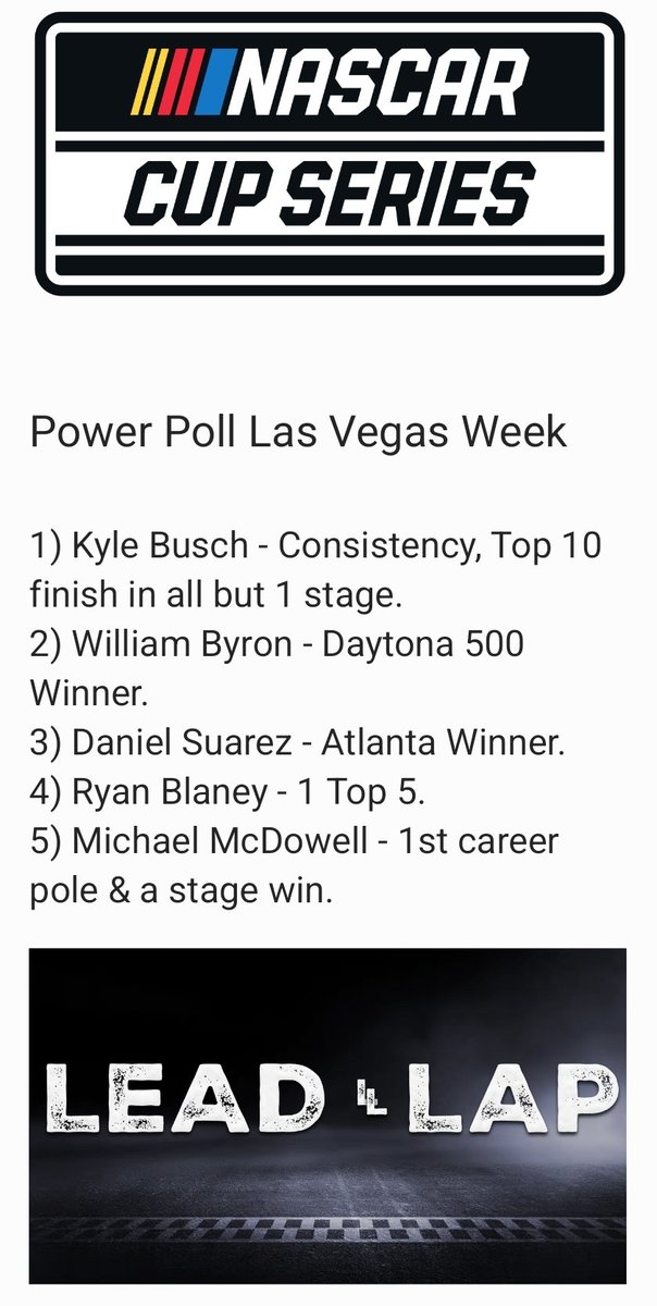LeadLapCastWNML's tweet image. 🚨It's time for the first power polls of the season. A new Thursday feature from our @Sam_FormanWNML exclusive to our social media accounts.🚨

Check them out ⬇️

#XfinitySeries #CupSeries #truckseries #nascarracing #NASCAR @SportsAnimal991 @LVMotorSpeedway