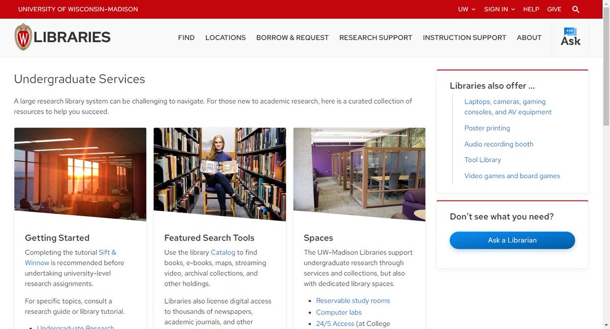 College Library has created a web page featuring a variety of undergraduate services offered by the UW-Madison Libraries. We invite you to check it out: library.wisc.edu/undergraduate-…