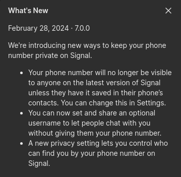 iAnonymous3000's tweet photo. 🚨 Important update from @signalapp! 🚨
The latest update (v7 on Desktop):
✅ Keep your phone number hidden
✅ Choose to share a username instead
✅ Take control with new privacy settings - You decide who finds you by phone number.
#privacy #signalmessenger #opensource https://t.co/P81jDzaAjQ