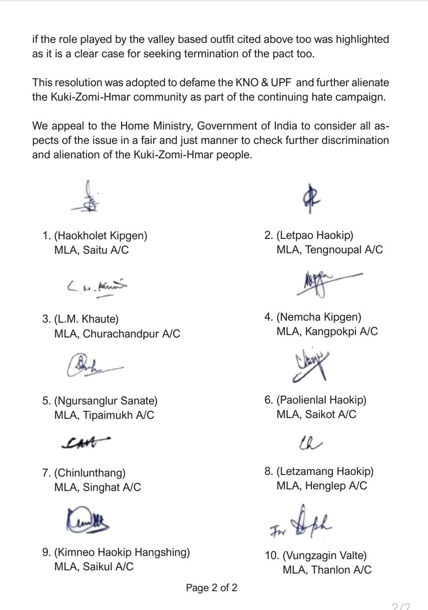 chinkukimizogin's tweet photo. The 10 Kuki MLAs condemn the Manipur Legislative Assembly's Feb 29 resolution to abrogate the SoO pact with Kuki groups. 

They claim the resolution is one-sided and based on prejudice, bias, and hatred towards the Kuki community. 

@CBIHeadquarters @NIA_India @PMOIndia @HMOIndia @adgpi @Spearcorps @BSF_India @crpfindia @SSB_INDIA @ITBP_official @CISFHQrs @official_dgar
@MajorAliShah @ANI 

𝗪𝗲 𝘀𝘂𝗺 𝘂𝗽 𝗼𝘂𝗿 𝗱𝗲𝗺𝗮𝗻𝗱𝘀 𝗮𝘀 𝗳𝗼𝗹𝗹𝗼𝘄𝘀:
‼️ Immediate and complete withdrawal of Meitei State Security Forces and VBIGs from Moreh and Kuki Dominated Areas.

‼️The replacement of Meitei/Kuki-Zo officers in the Army with neutral officers to uphold the purpose of buffer zones in letter and spirit.

‼️A written assurance from competent authorities ensuring the safety and security of the Kuki people in Moreh and all other Kuki-Zo inhabited areas of the State.

‼️Effective enforcement of the buffer zone and the Central forces should be given power and authority to stop Meetei militants from intruding and attacking Kuki-Zo villages.

‼️The Central government should immediately reign in the Manipur government which is now controlled by the Meetei militant groups. The state government has completely surrendered to the Meetei militants and alternative arrangements for security and governance of the tribals in the hills should be arranged at the earliest.

‼️Displaced students should be given admission in educational Institutes outside the state to complete their studies. There are hundreds of Kuki-Zo students including medical, nursing and engineering who could not continue their studies.

‼️The Central government should expedite the formation of the Separate Administration (Union Territory with Legislature) for Kuki-Zo tribals to bring lasting peace in the international border state of Manipur.

#ManipurViolence #MeiteiWarCrimes
#farmersprotests2024
#ModiAfraidOfBallotPaper
#LoksabhaElection2024

@UNILADNews @ladbible @CNN @democracynow @HuffPost @theintercept @Channel4News @guardiannews @BBCWorld @BBCBreaking @AJEnglish @Daily_Express @DailyMailUK @standardnews @EveningStandard @itvnews @GBNEWS @BreitbartNews @AmericanThinker @DrTurleyTalks @CosmanEmilSSTJ @ChristianPost  @DeclaracionDDMM   @india_NHRC @ISHRglobal