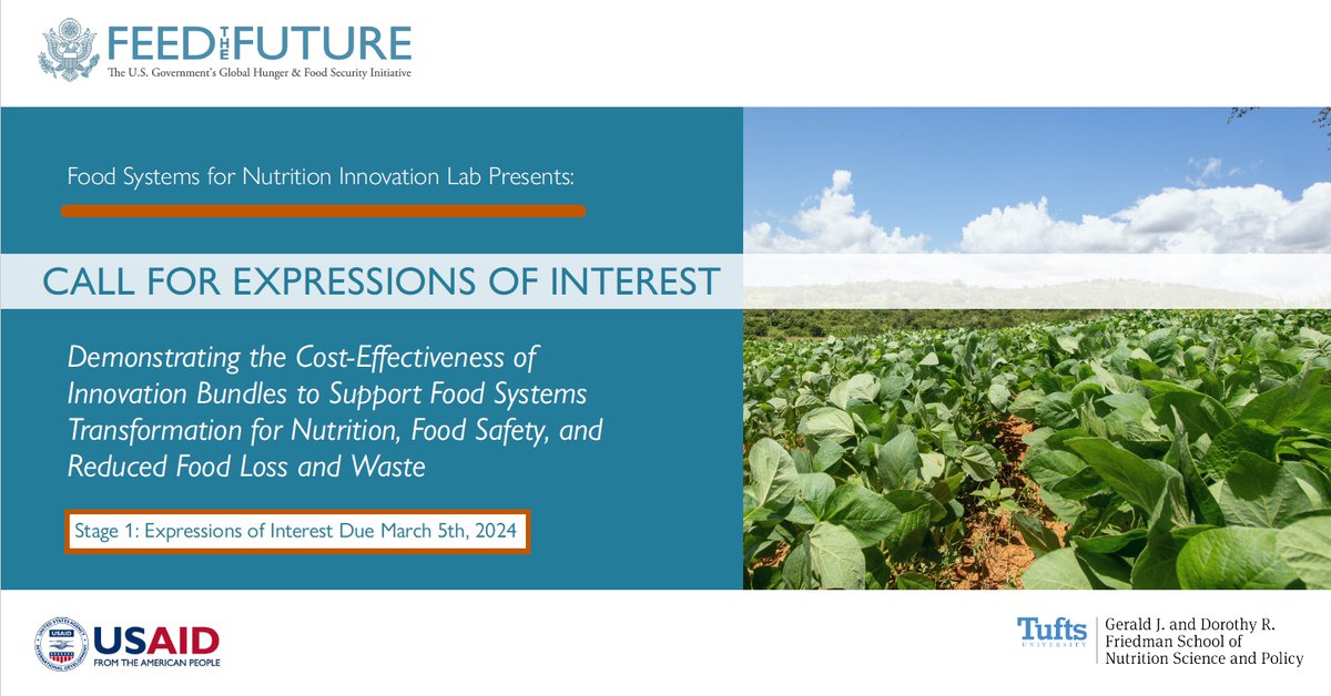 Submit you Expression of Interest by 3/5

What needs to be included at this stage?
✅Title page
✅4 page technical narrative
✅4 page past performance narrative
✅Citations/References
✅CV of Principal Investigator

For more details &amp; how to apply, visit foodsystemsnutrition.org/research-for-d…