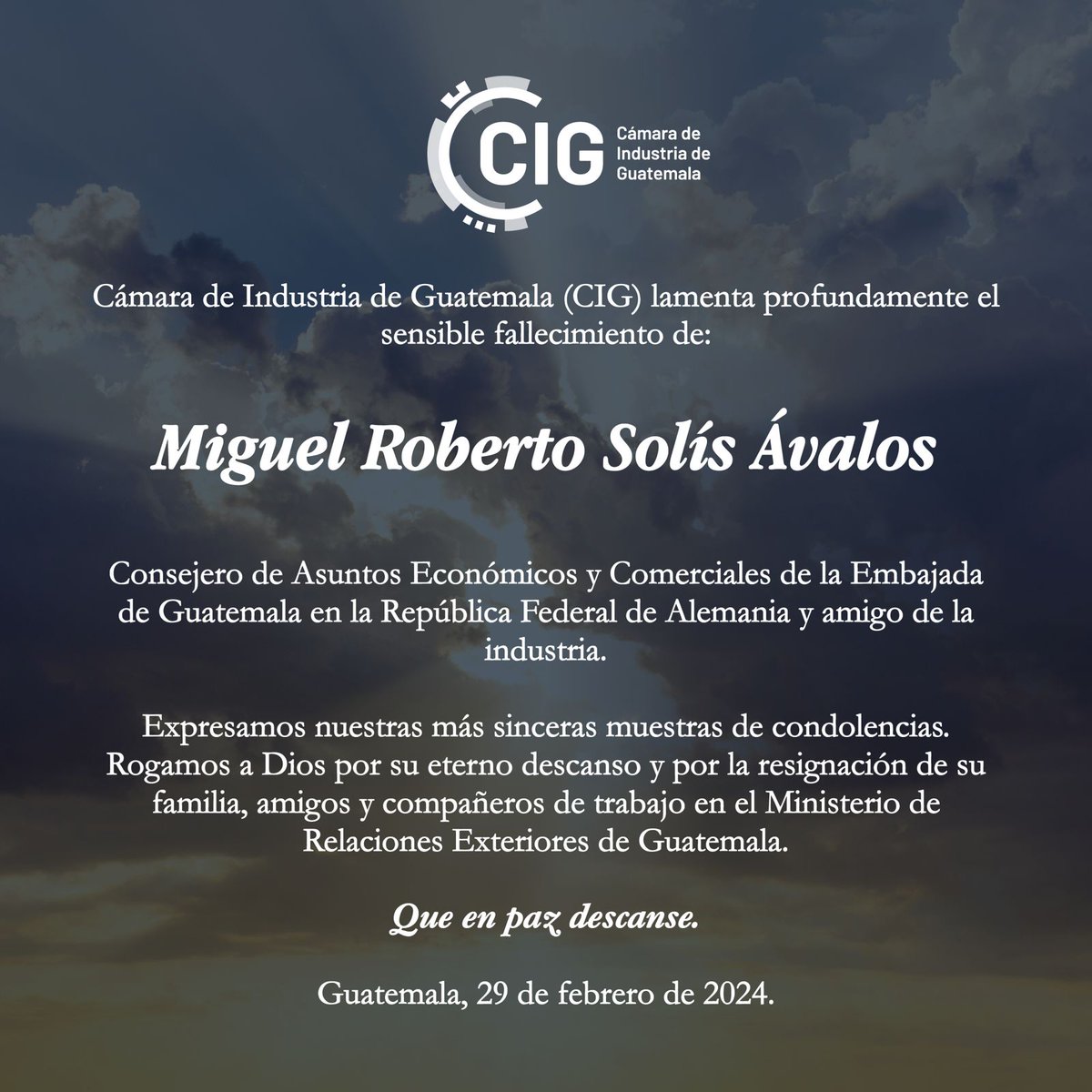 Lamentamos el sensible fallecimiento de Miguel Roberto Solís Ávalos. Que en paz descanse.