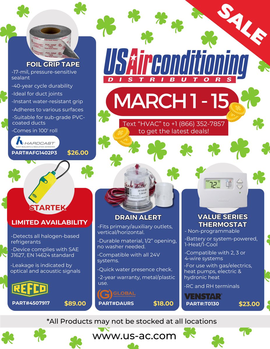 USACD's tweet photo. Happy March! Let's kick off the new month with exciting savings at any of our 51 locations. Receive these exclusive deals until March 15th.
-
#hvac #usacd #hvacservice #hvaccontractor #hvacinstallation #hvactools #hvactech #hvaclife #hvactechnician https://t.co/kxAlFedsjZ