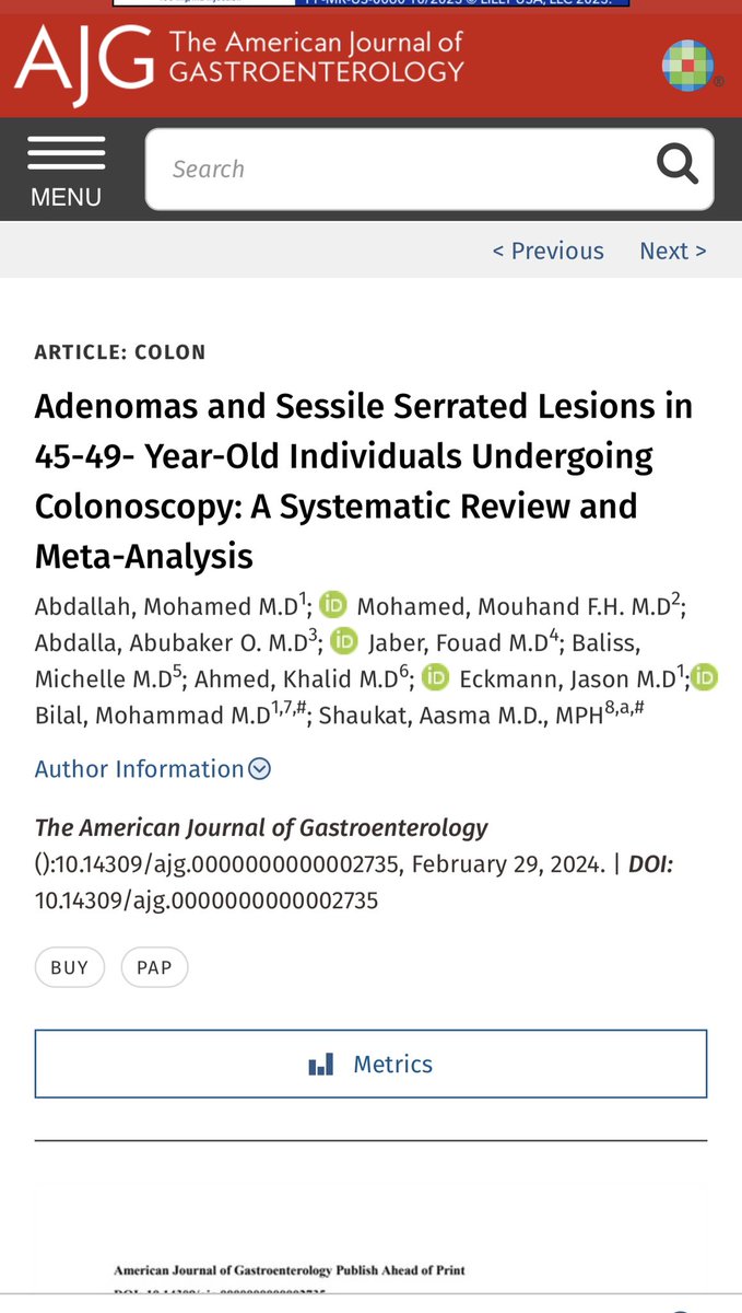 🚨🚨Finally published in the #RedJournal @AmJGastro 🔥🔥🔥 ⭐️Adenomas and Sessile Serrated Lesions in 45-49- Year-Old Individuals Undergoing Colonoscopy: A Systematic Review and Meta-Analysis. ‼️Out of 16 studies that included 150,436 patients/colonoscopies: ✅ The pooled…