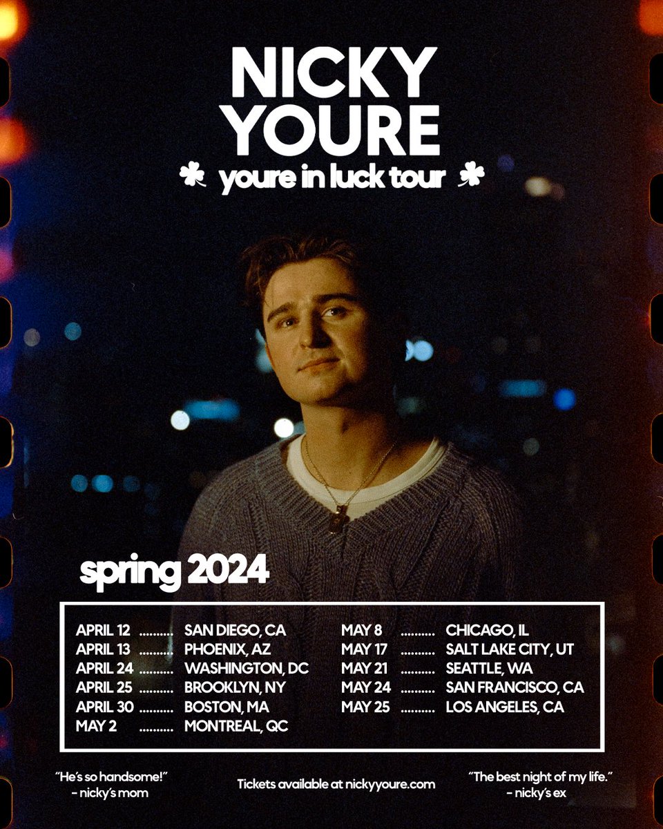 Tickets for the youre in luck tour are now available on nickyyoure.com Get them while you can! See you guys soon 🍀🍀 laylo.com/nickyyoure/m/T… (ticket link here as well)
