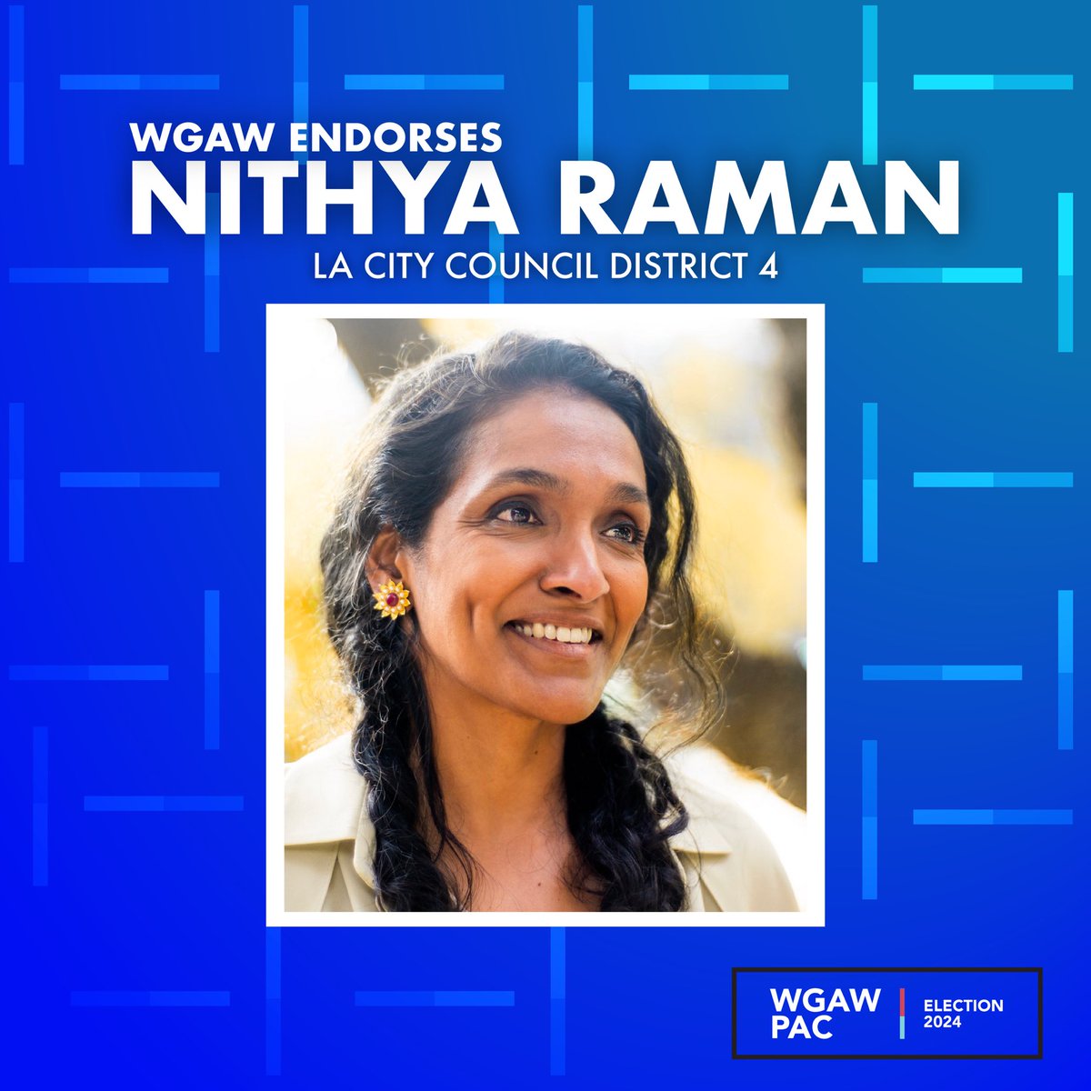 The WGAW PAC Board voted to endorse Councilmember Nithya Raman for Los Angeles Council District 4. Councilmember Raman stood in strong support of writers to achieve a fair contract. She worked successfully throughout the strike to protect our right to picket safely at the studios…