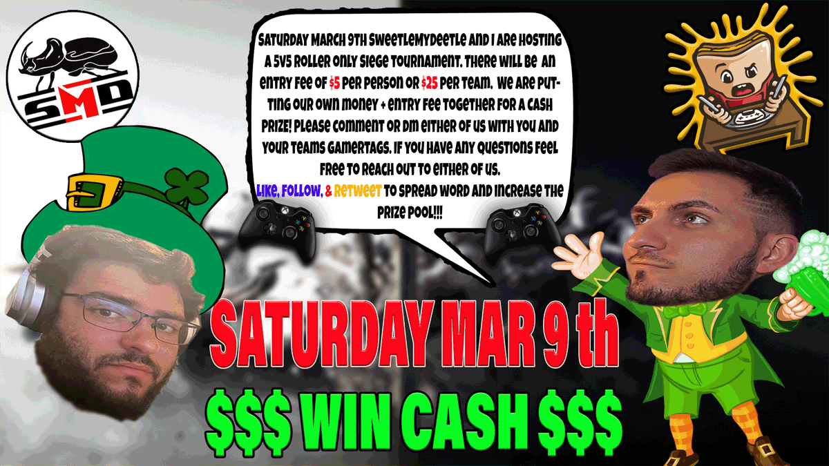🔴CASH PRIZE 5v5 ROLLER TOURNEY Mar 9th🔴

Bracket closed at 10 teams
First come first serve
Payment due by thursday Mar 7th

 💰$5 entry per person or $25 per team
✅Like
✅Retweet
✅Follow <a href="/SweetleMyDeetle/">SweetleMyDeetle</a> &amp; myself
🎮Roller only/Handcam
❤Any and all support is appreciated

⬇