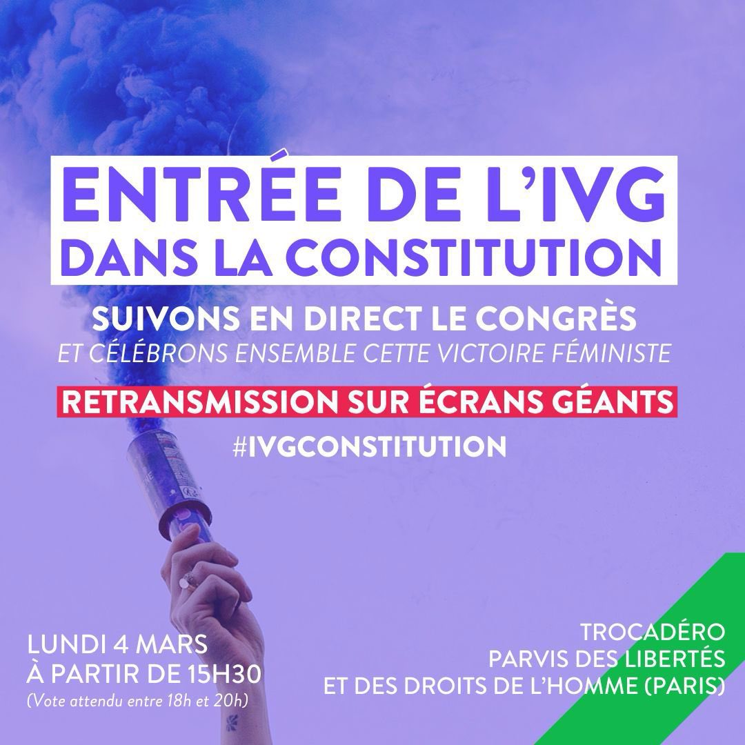 📣 Parce que cette victoire est collective, parce que nous devons vivre un moment militant ensemble pour fêter l’entrée de l’IVG dans la constitution. 

C’est grâce une magnifique mobilisation collective et féministe ! 

Rendez-vous lundi 4 mars à 15h30 ✊🏼