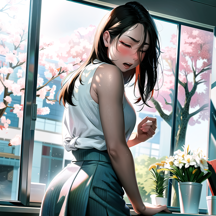 Pollen_Fiend's tweet photo. AI-assisted artwork of woman with hay fever sneezing, one set done in realistic style, and another in anime style.  There is also a piece of fiction to act as a background story for this art.  See more at https://t.co/2qWZbe7nRT. https://t.co/KvxeVYndsi