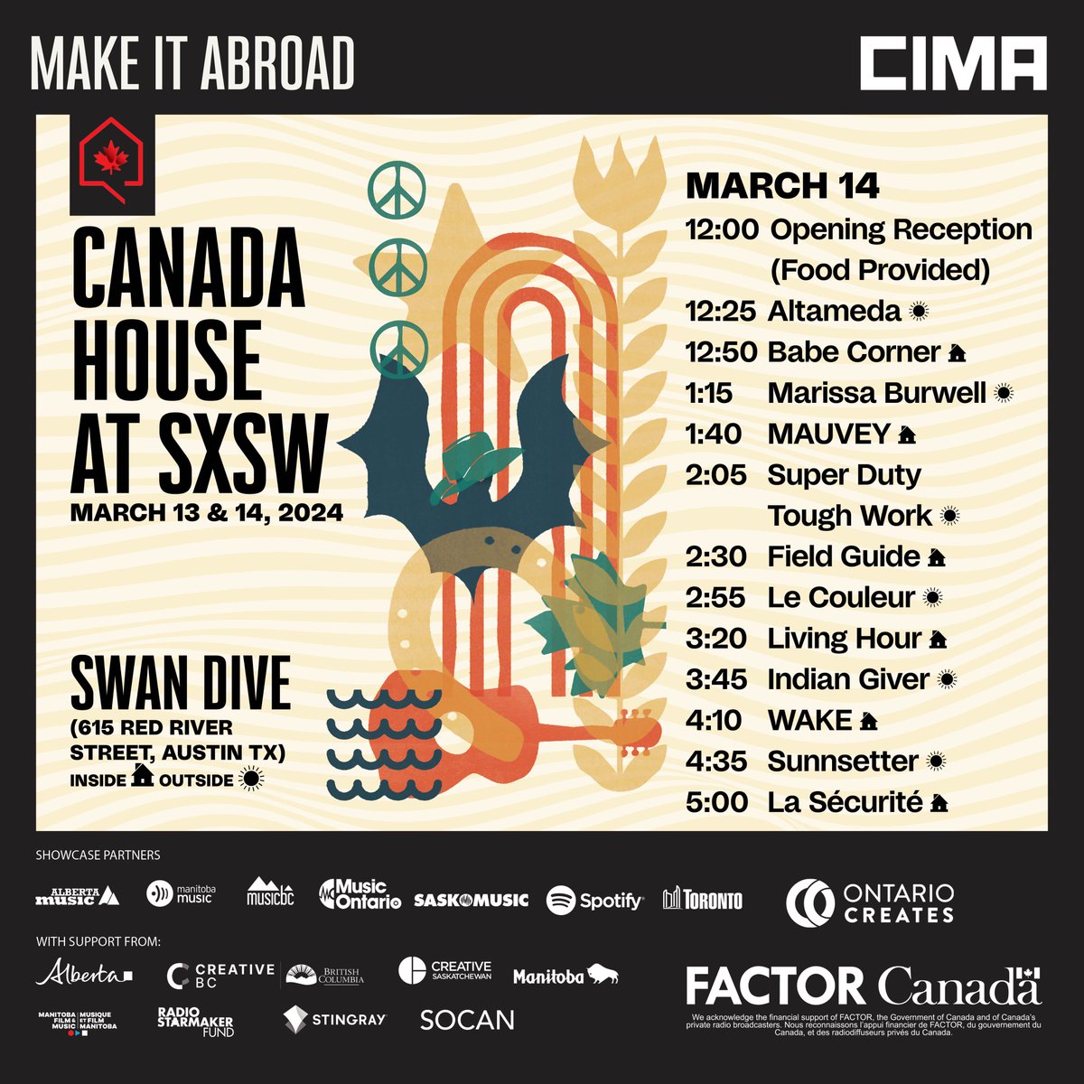 SXSW Canada House lineup is here! Of the 24 artist showcasing in the Canada House, the Ontario artists at SXSW includes Hot Garbage / NYSSA/ @housewife_band / Altameda / Indian Giver / @Drewmcleod9 Learn more here music-ontario.ca/news/recent-ne…