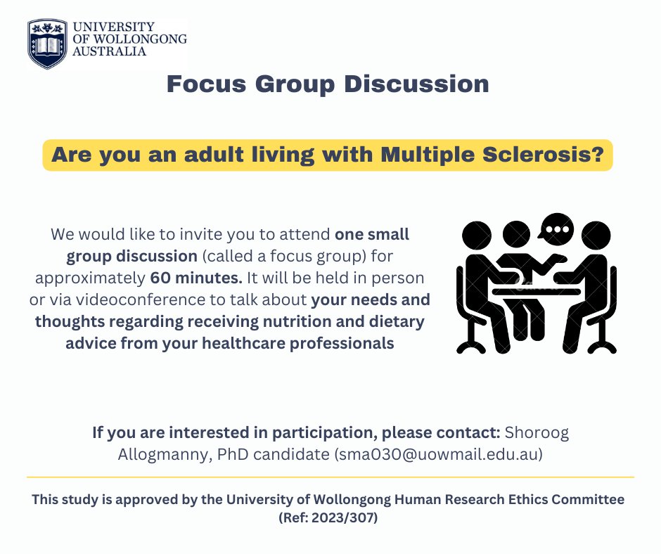 EatrightMS Dietetic Research in Multiple Sclerosis (@eatright_ms) on Twitter photo 📢WE ARE RECRUITING📢
Are you living with or know someone with multiple sclerosis?
We are keen to hear your thoughts about integrating nutrition education into your routine healthcare consultations. Contact 
sma030@uowmail.edu.au for more information or if interested. 📢WE ARE RECRUITING📢
Are you living with or know someone with multiple sclerosis?
We are keen to hear your thoughts about integrating nutrition education into your routine healthcare consultations. Contact 
sma030@uowmail.edu.au for more information or if interested.