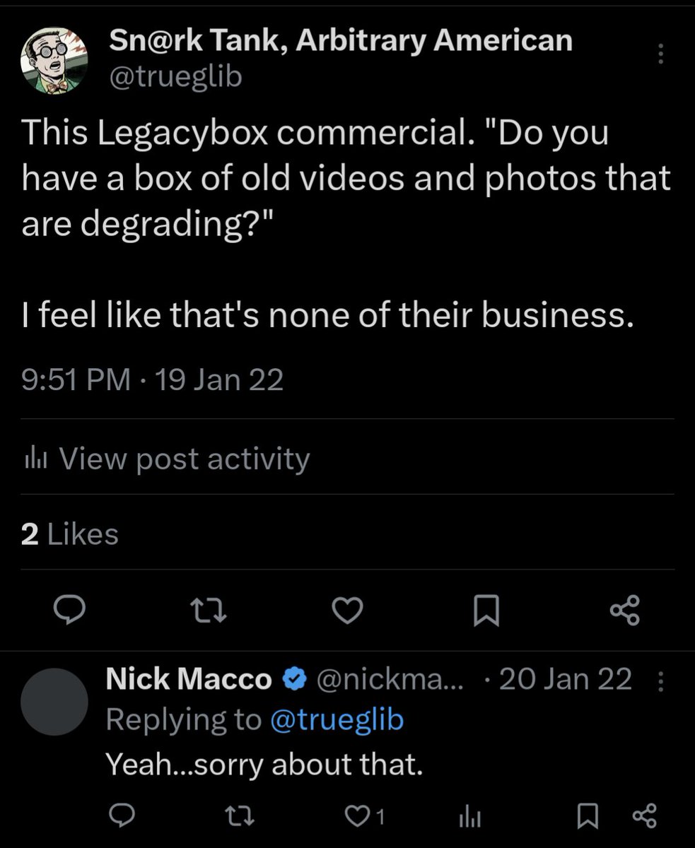 Just saw the commercial again and thought about the time the founder of the photo preserving service Legacybox replied to me