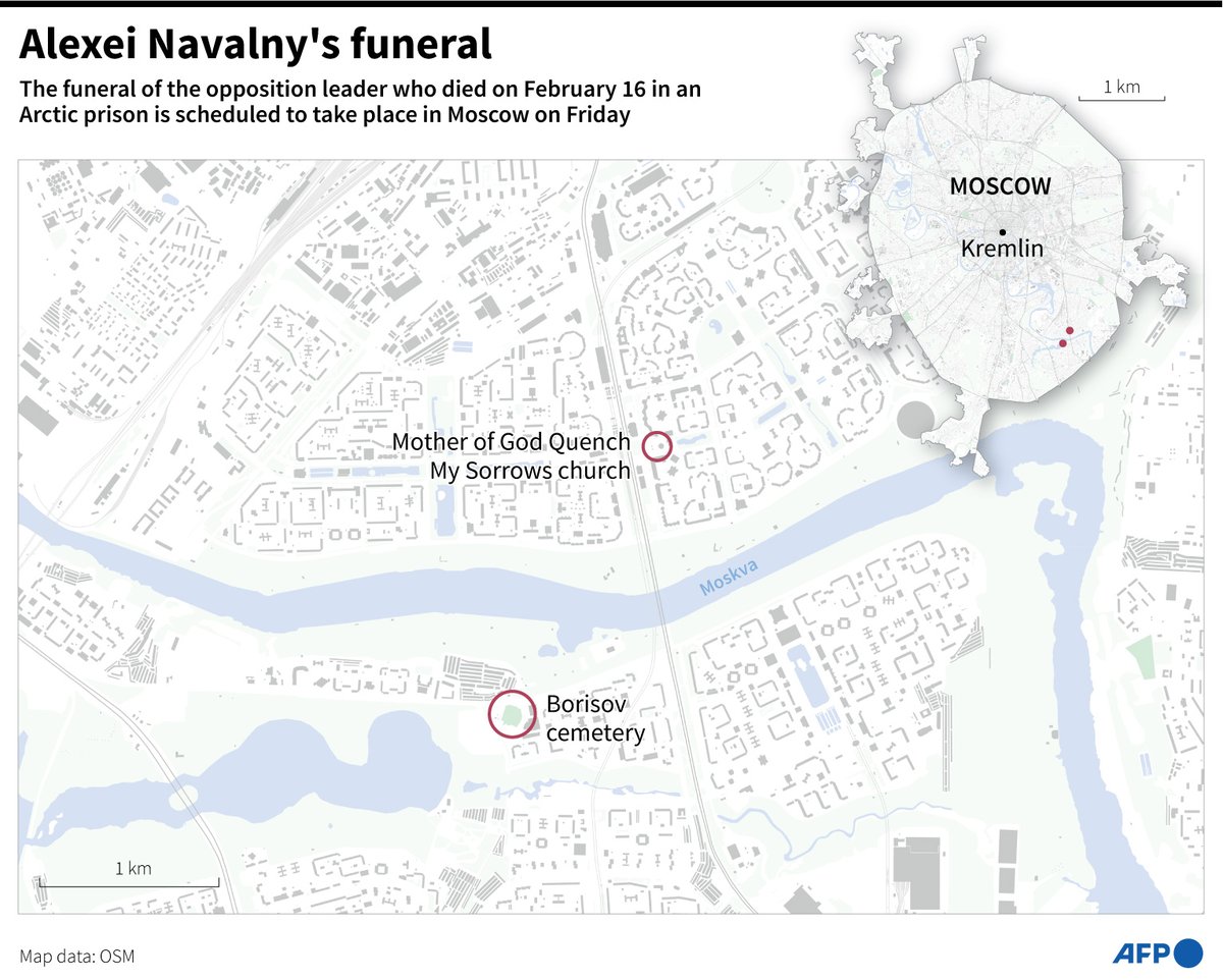 Alexei Navalny's funeral.

#AFPGraphics' map locating the church where Alexei Navalny's funeral is due to be held on Friday, March 1, along with Borisov cemetery where he will be buried, southeast of Moscow, Russia