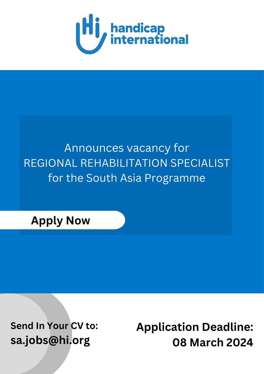 An exciting opportunity to work with the Handicap International Federation as a Regional Rehabilitation Specialist for the South Asia Programme. Application deadline: 08 March 2024 Please visit the link below for more details & to apply: jobsnepal.com/regional-rehab…