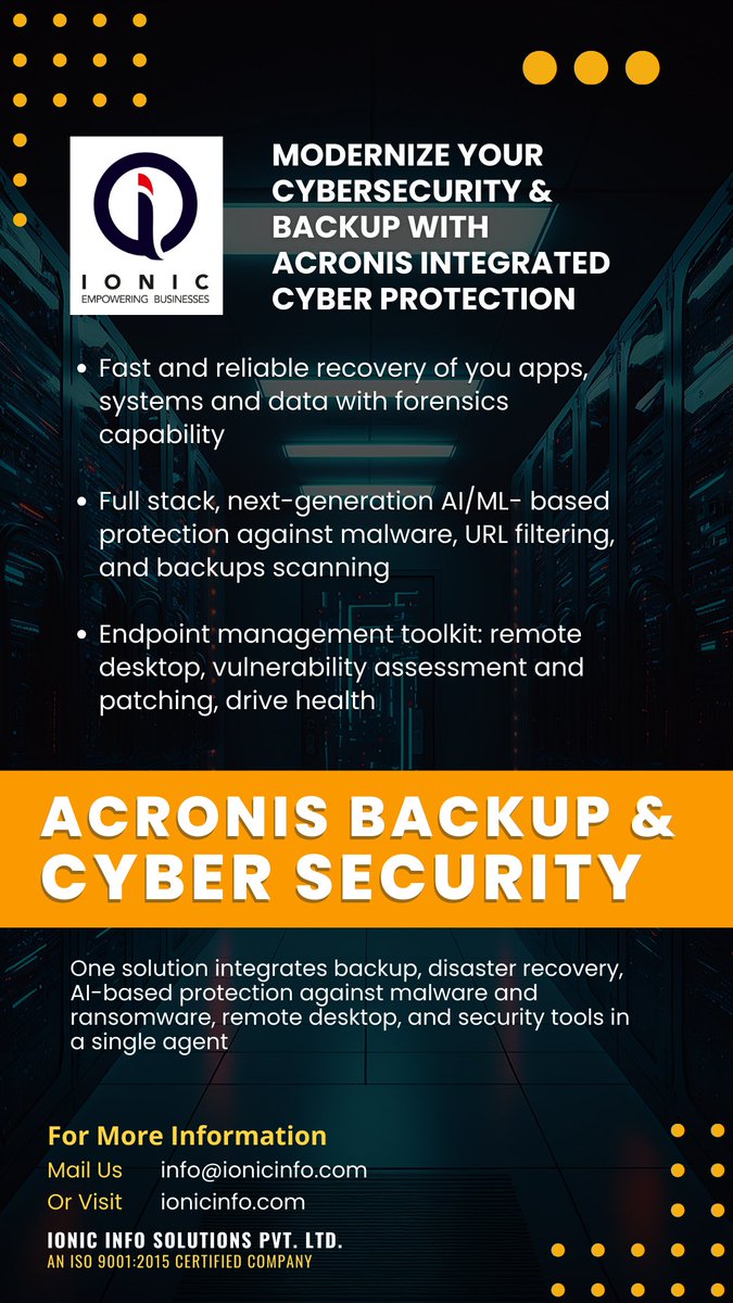 Secure Your Data - with the most reliable Cloud backup solution with AI/ML based protection. Secured blockchain based backup.

Know more - prerna.ionicinfo.com/schedule-call/

#AWS #managedcloudservices #AI #cloudbackup #dataprotection #security #cloudcomputing #machinelearning #acroniscloud
