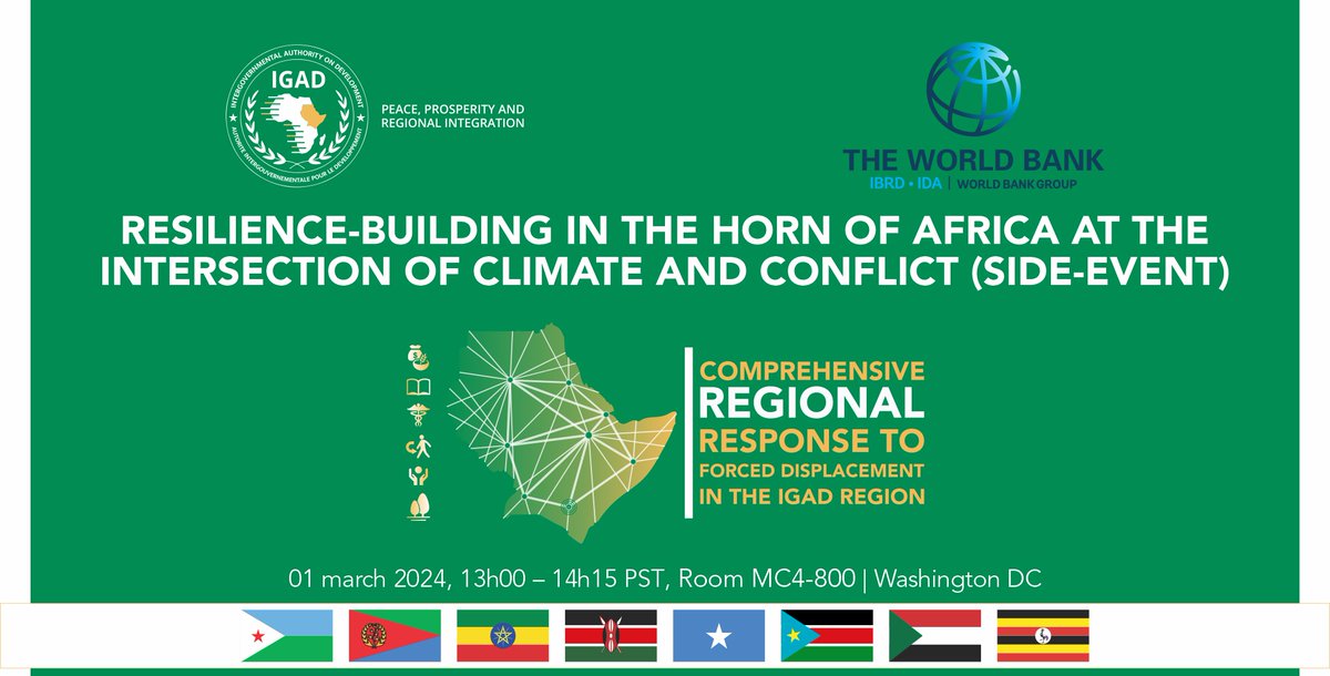 IGADHealthS's tweet image. #IGADatFragilityForum

The #IGAD side event at the annual @WorldBank #FragilityForum at 13h00 PST (2100hrs EAT) is organized under the theme, &quot;Resilience-building in the Horn of Africa at the intersection of climate and conflict.&quot;

Join the Event on bit.ly/49V2qXU