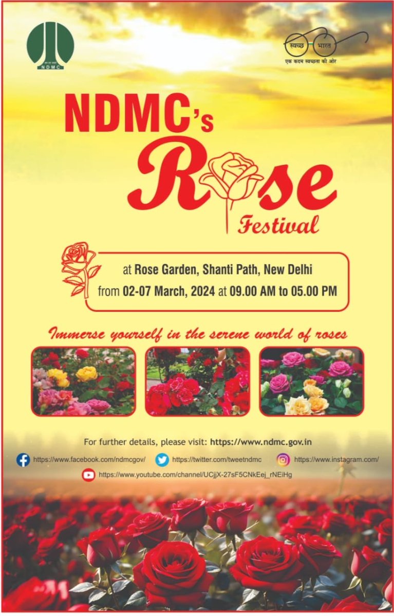 In continuation of grand success & appreciation of Tulip Festival, NDMC is presenting “The Rose Festival” from 2nd to 7th March 2024 at Rose Garden, Shanti Path, Chanakyapuri, New Delhi from 9AM to 5PM. Let’s join to see blossoms of more than 75 varieties of Rose in one place.