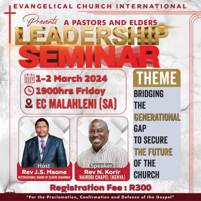 Looking forward to a great Leadership Seminar down south with the Evangelical Church in Southern Africa !