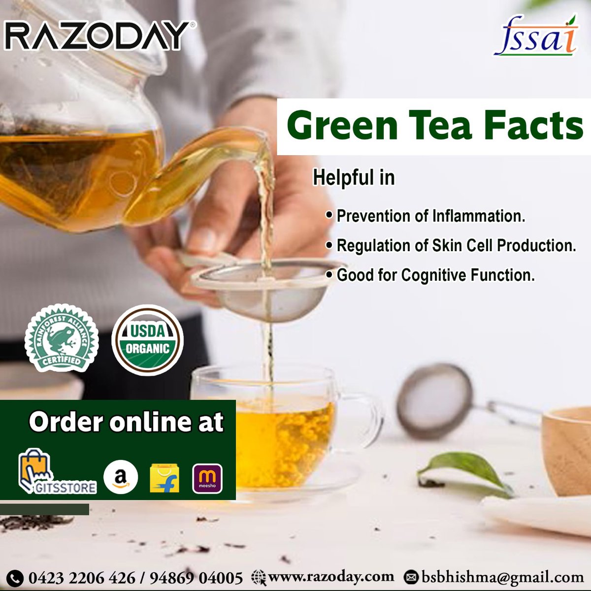 Green Tea Facts

#inflammation #skincellproduction #cognitivefunction
#razoday #greentea #qualityingredients #unmatchedtaste #bestproducts #shoponlinenow #onlineshoping #freshness #shoponline #BestQualityBestPrice #orderonlinenow #industryleadingcompany