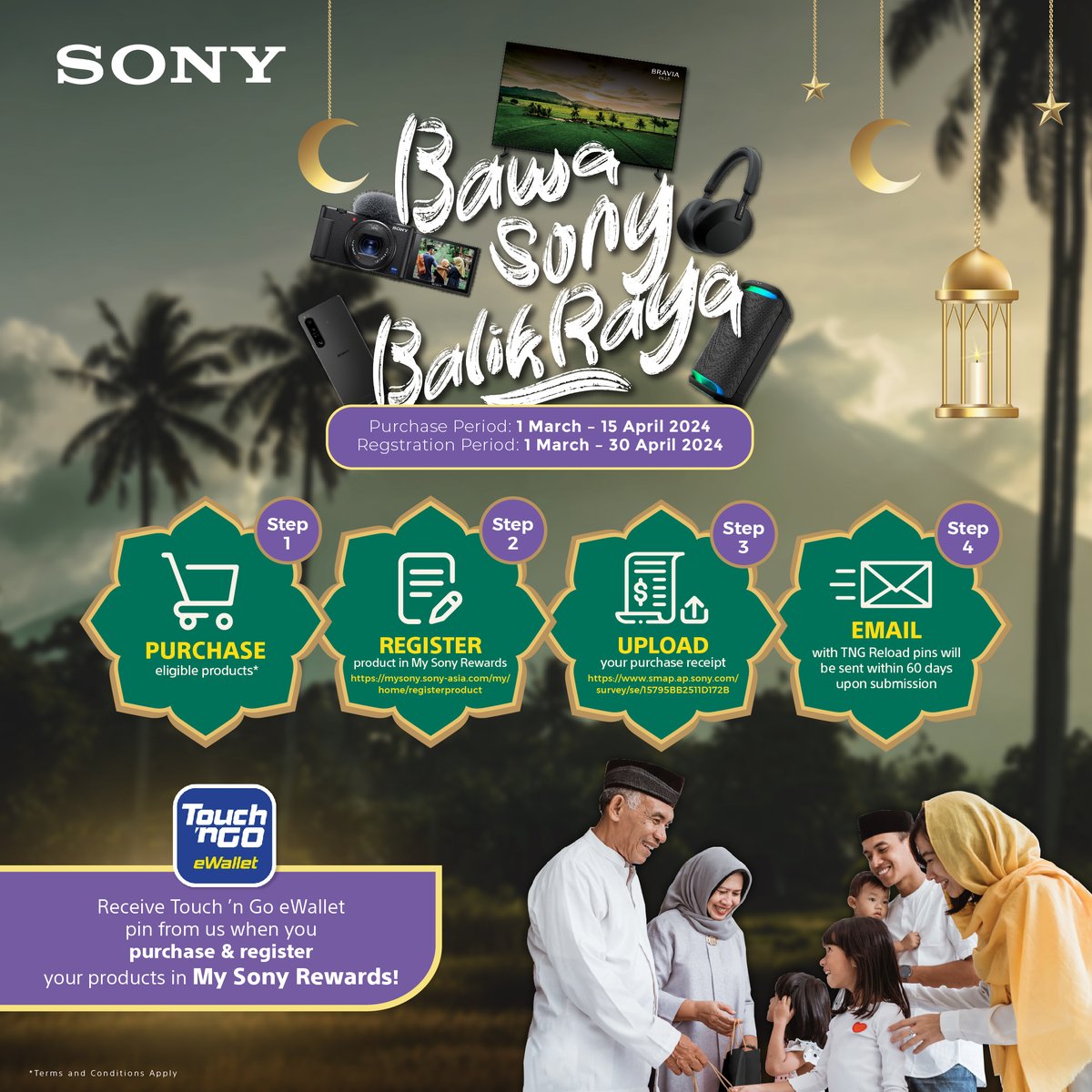 SonyMalaysia's tweet photo. Bawa Sony Balik Raya!
Our Raya promotions are starting now from 1 March to 15 April 2024 with a special Touch 'n Go eWallet pin redemption!
Check out what we have in store for you: https://t.co/yYCzQgzFvp
#SonyMalaysia #SonyMY #Promotion #HariRaya2024 #SonyRayaPromo https://t.co/nbX5IULqXx