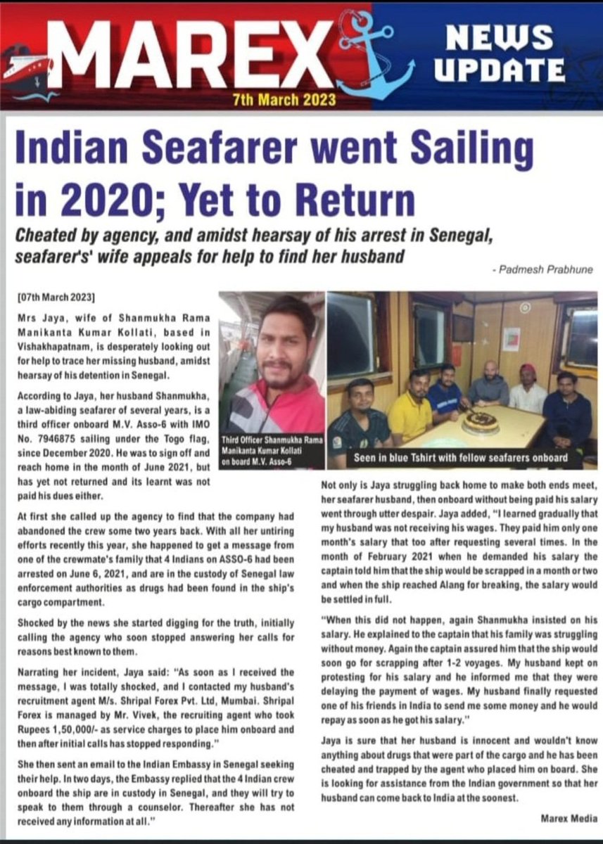 Our Four #INDIANSAILORS ARE IN PRISON IN #DAKAR #SENEGAL LAST 4 YEARS THEY NEED YOUR SUPPORT FOR THEIR RELEASE <a href="/AllSeafarers/">All India Seafarers Union</a> <a href="/IndiainSenegal/">India in Senegal</a> <a href="/AmitShahOffice/">Office of Amit Shah</a> <a href="/_MukeshAmbani/">Mukesh Ambani</a> <a href="/PTI_News/">Press Trust of India</a> <a href="/narendramodi/">Narendra Modi</a> <a href="/KirenRijiju/">Kiren Rijiju</a> <a href="/ilo/">International Labour Organization</a> <a href="/PR_Senegal/">Présidence Sénégal</a> <a href="/ANI/">ANI</a> <a href="/seaandcoast1/">Sea And Coast 🇮🇳</a> <a href="/IndianDiplomacy/">Indian Diplomacy</a> SOS SOS @HELP