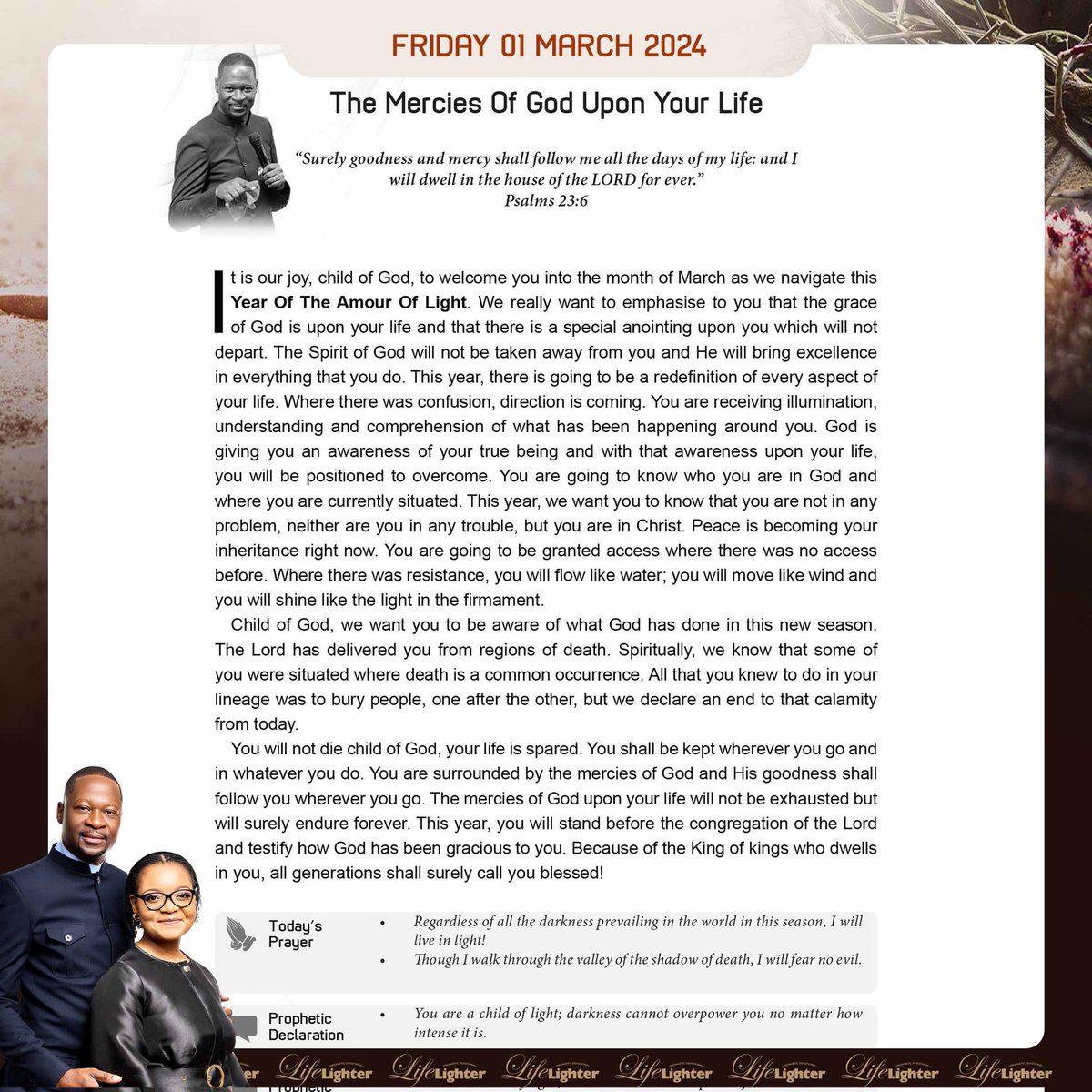 ruthmakandiwa's tweet photo. Friday 1 March 2024
The Mercies Of God Upon Your Life.
#LifeLighter #DailyDevotional #EmmanuelMakandiwa #RuthEmmanuelMakandiwa https://t.co/8YOwHaiwQY