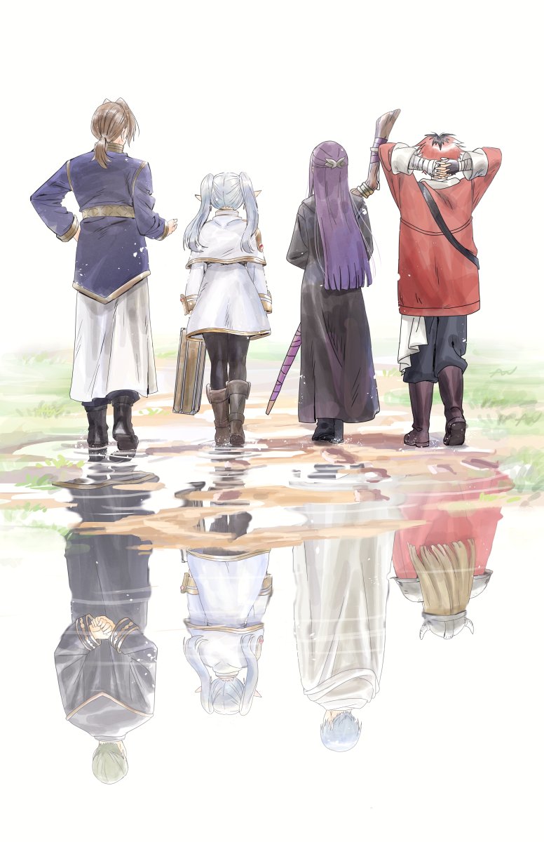 fern (sousou no frieren) ,frieren ,stark (sousou no frieren) reflection long hair brown hair multiple girls multiple boys from behind different reflection  illustration images